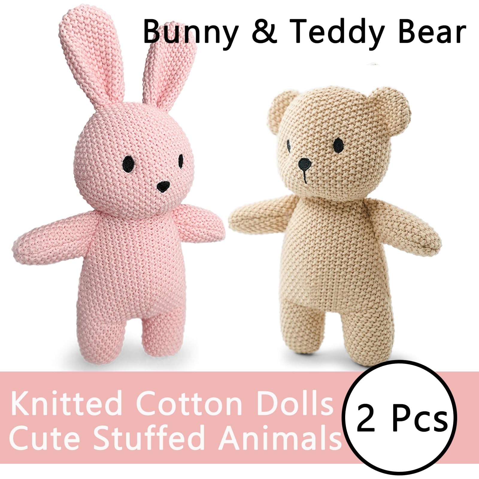 2 Pack 100% Baumwolle Baby Plüsch Stofftiere Niedlich Kaninchen und Teddybär Gestrickte Plüschtier Geschenke für Kinder und Neugeborene, Handgemachte Häkelpuppe für Weihnachten, Ostern (Hase