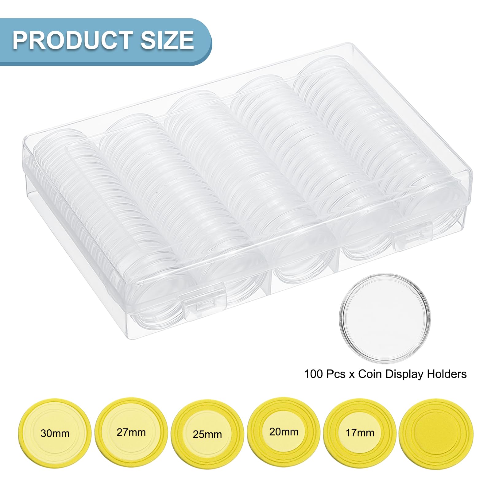 PATIKIL Coin Snap Holder 100 Pack Coin Case Storage Round with Organizer Box Fit 17/20/25/27/30mm Coins for Collectors Collection Supplies Yellow Foam Gasket - Image 2