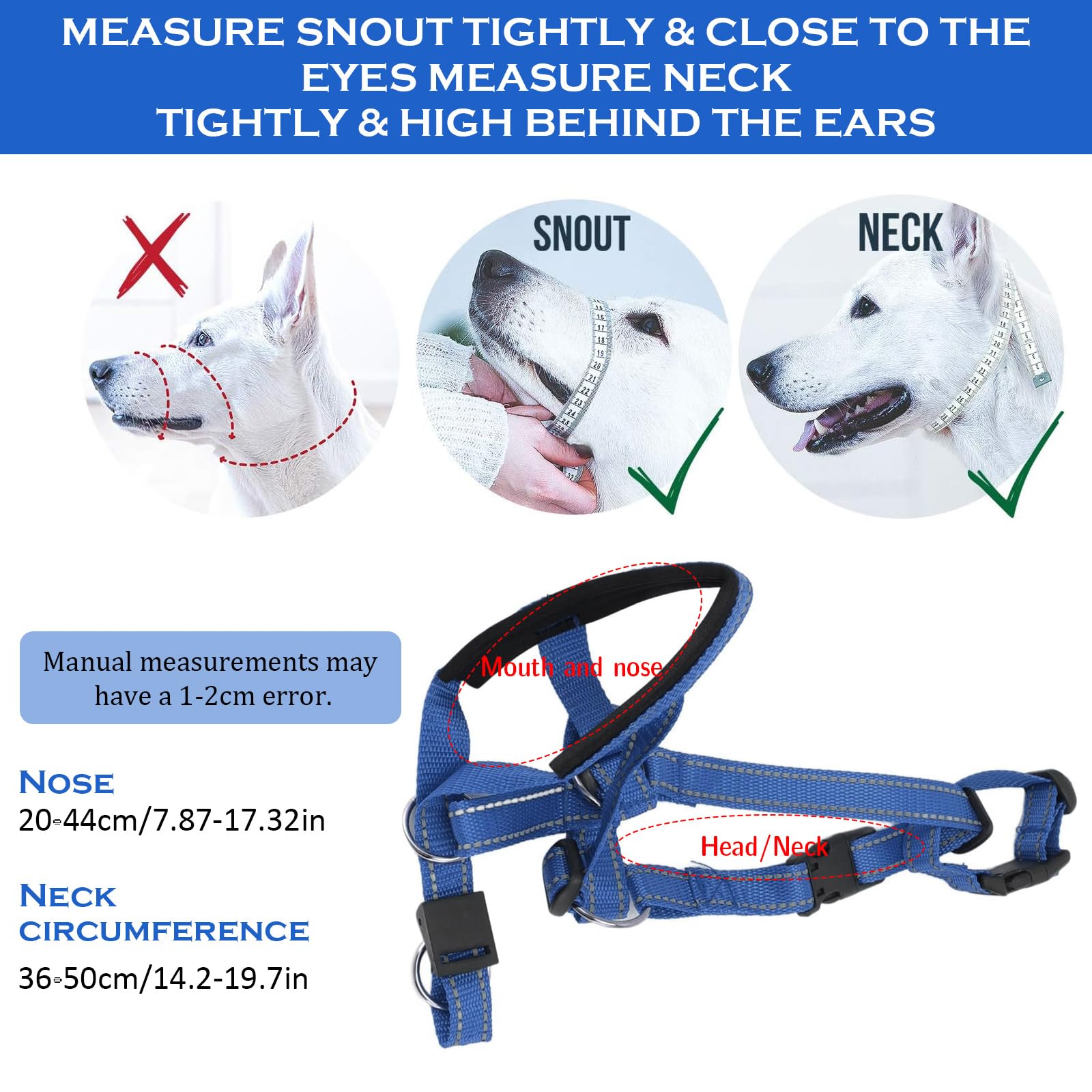 Muselière Chien Tapis en Mousse Dog Muzzle Réglable Cou 36-50cm Bleu Muselières Réfléchissant Licol Chien Souple et Léger Empêche Morsures Aboiements et Tractions