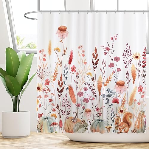 Miniatura 2 de Funnytree Cortina de ducha de 72 x 72 pulgadas con diseño de flores de otoño rústicas, hojas bohemias, acuarela floral, para decoración de baño,