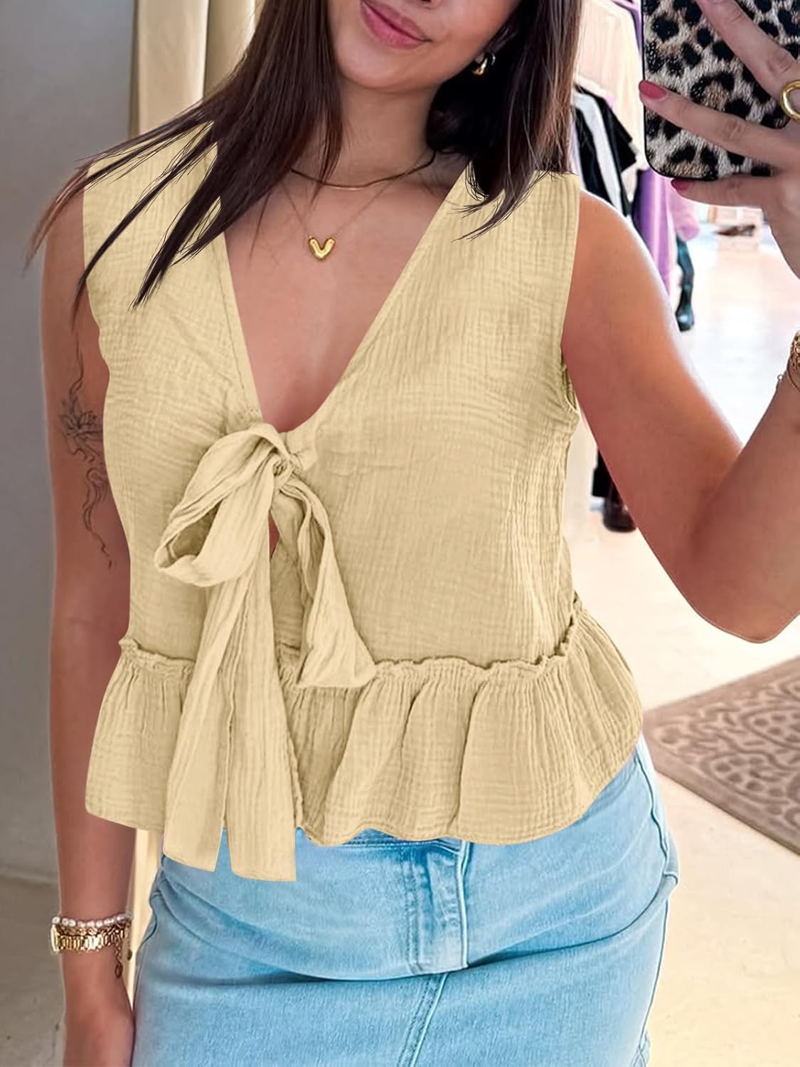 Cicy Bell Womens Babydoll Tank Tops V Neck Bow Tie Front Sleeveless Summer Shirts Sexy Peplum Flowy Flared Tops - Image 4