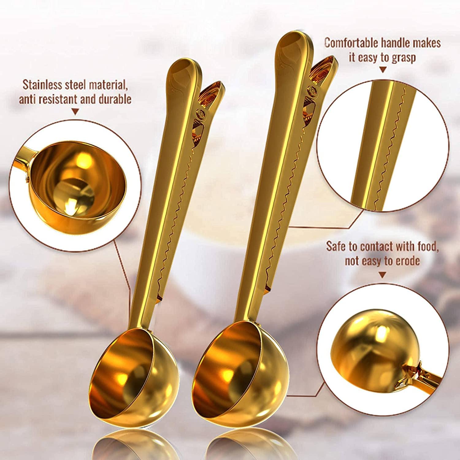 Löffel Restaurants Kaffeelöffel mit langem Griff und Clip Milchpulver Flüssigkeits-Gewürz-Messlöffel Kaffeezubehör Esslöffel Hause(Gold)