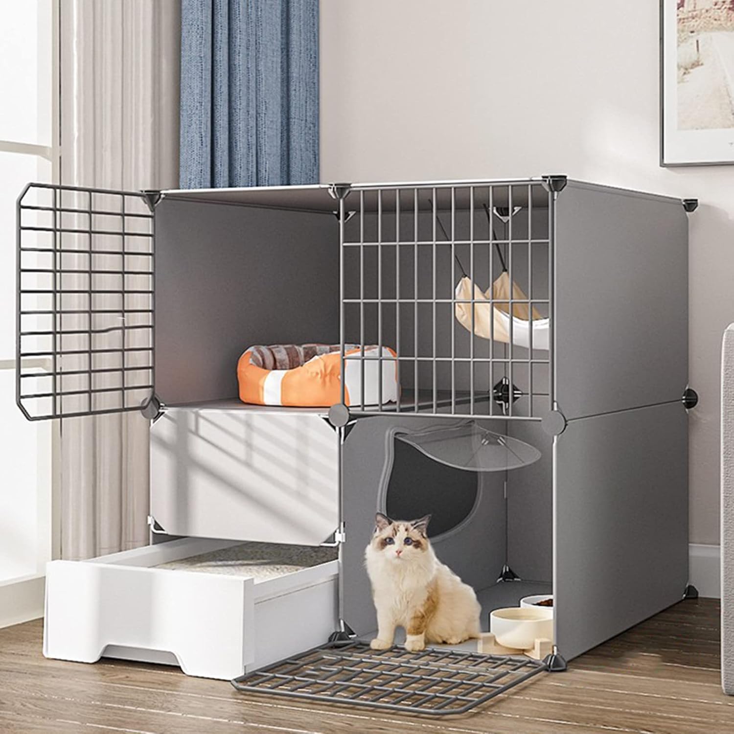 2 Tier Cat Cages Indoor with Litter Box,Portable Cat Cage,Small Pet Cages,Detachable Metal Wire Cat Cage,Exercise Place for 1-2 Cats,A-75 * 49 * 111cm