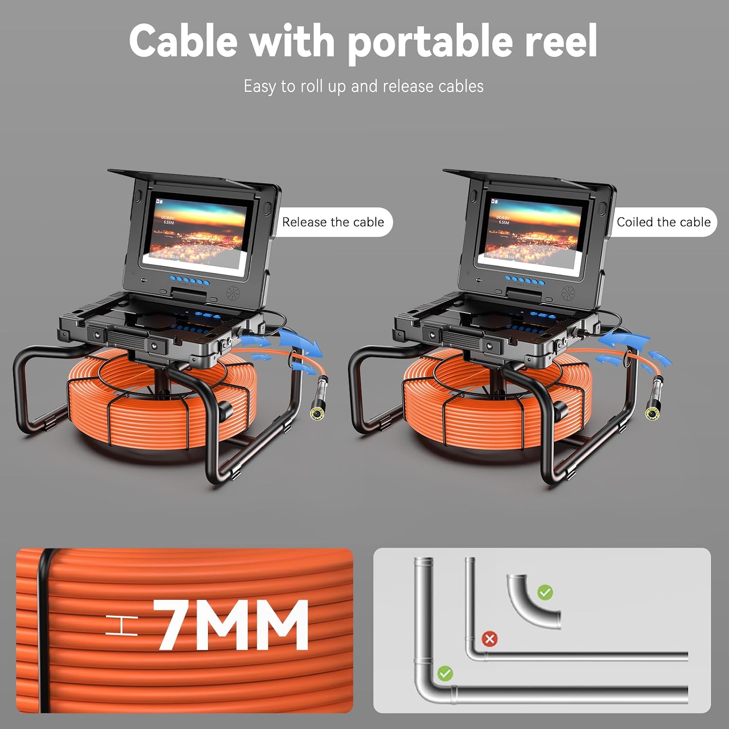 Sewer Camera, Self-Leveling Drain Inspection Camera with 9" DVR 1080P HD Screen, IP68 Drain Sewer Pipeline Video Industrial Endoscope 7MM Diameter, 32GB Card for Home Wall Duct Drain Pipe (100FT-30M)
