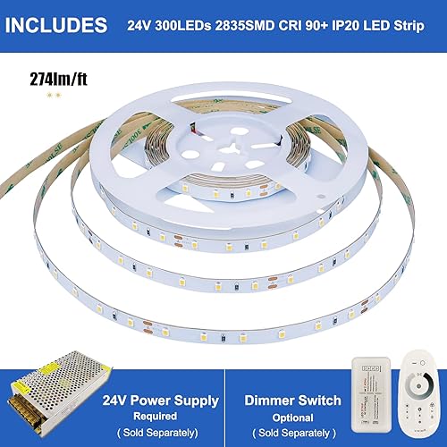 Miniatura 8 de JOYLIT Tira de luz LED blanca de 24 V, 4500 lúmenes, listada por UL, 2835, 300 LED, 16.4 pies, 6000 K, tiras de luz diurna flexibles y regulables,