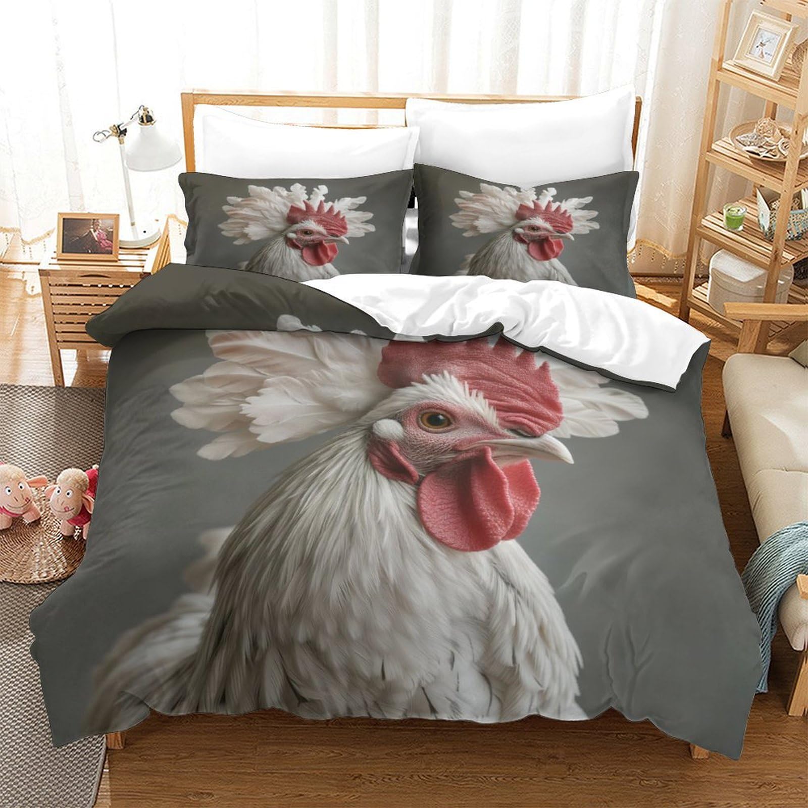 P1s9u7w5y Gallic Rooster-7 Realistic Rooster 3D Printed Duvet Cover Set 3Pcs Microfiber Chicken Bedding Set Double（200X200cm）