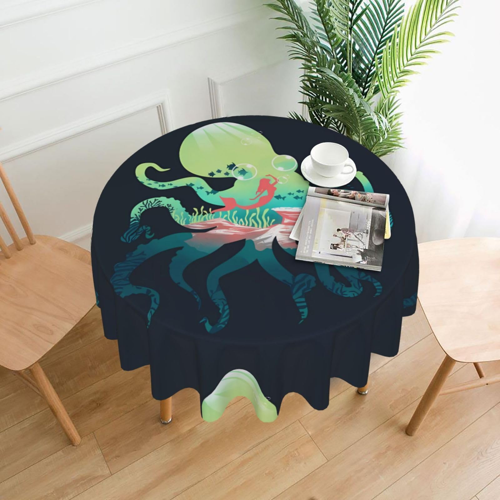 Hjfczh Black Underwater Ocean Octopus Prints Round Table Throw 60 Inch - Waterproof Table Cover - Soft & Wrinkle Resistant Decor Layer For Dinners, Parties & Everyday Use