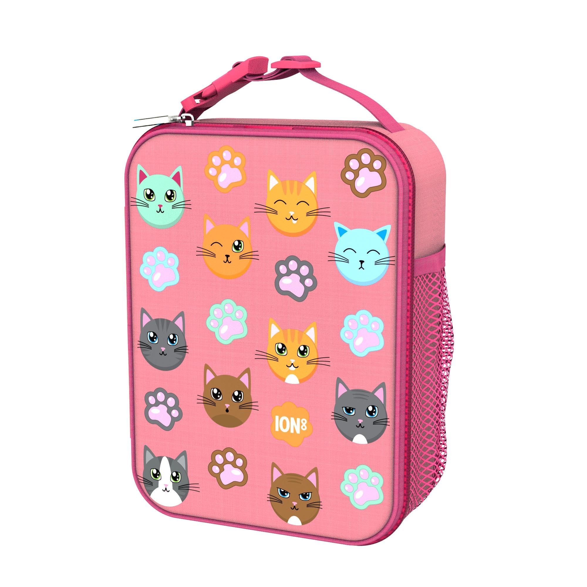 Ion8 Cats Lunch Bag, Easy Access 3-Sided Zip, Write-On Name Patch, Freshness & Insulation for 6 Hours, Elasticated Mesh Pocket for Bottles, Machine Washable, Polyester Material