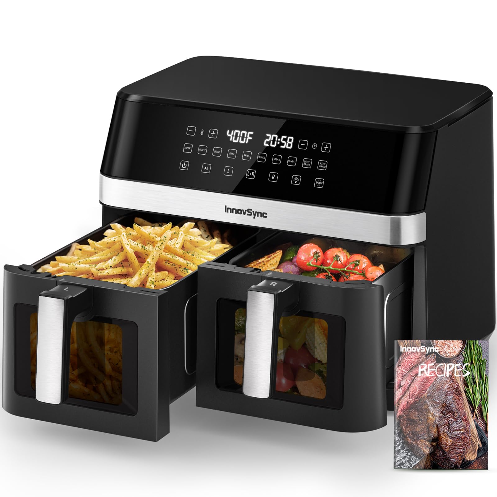 12QT Large Dual Air Fryer, 10-in-1 Double Zone Airfryer with 2×6QT Baskets, 60° Easy-Panel with Full Touchscreen, SyncCook Function, Viewing Window, Nonstick & Dishwasher Safe, 2 Dishes at Once, Black