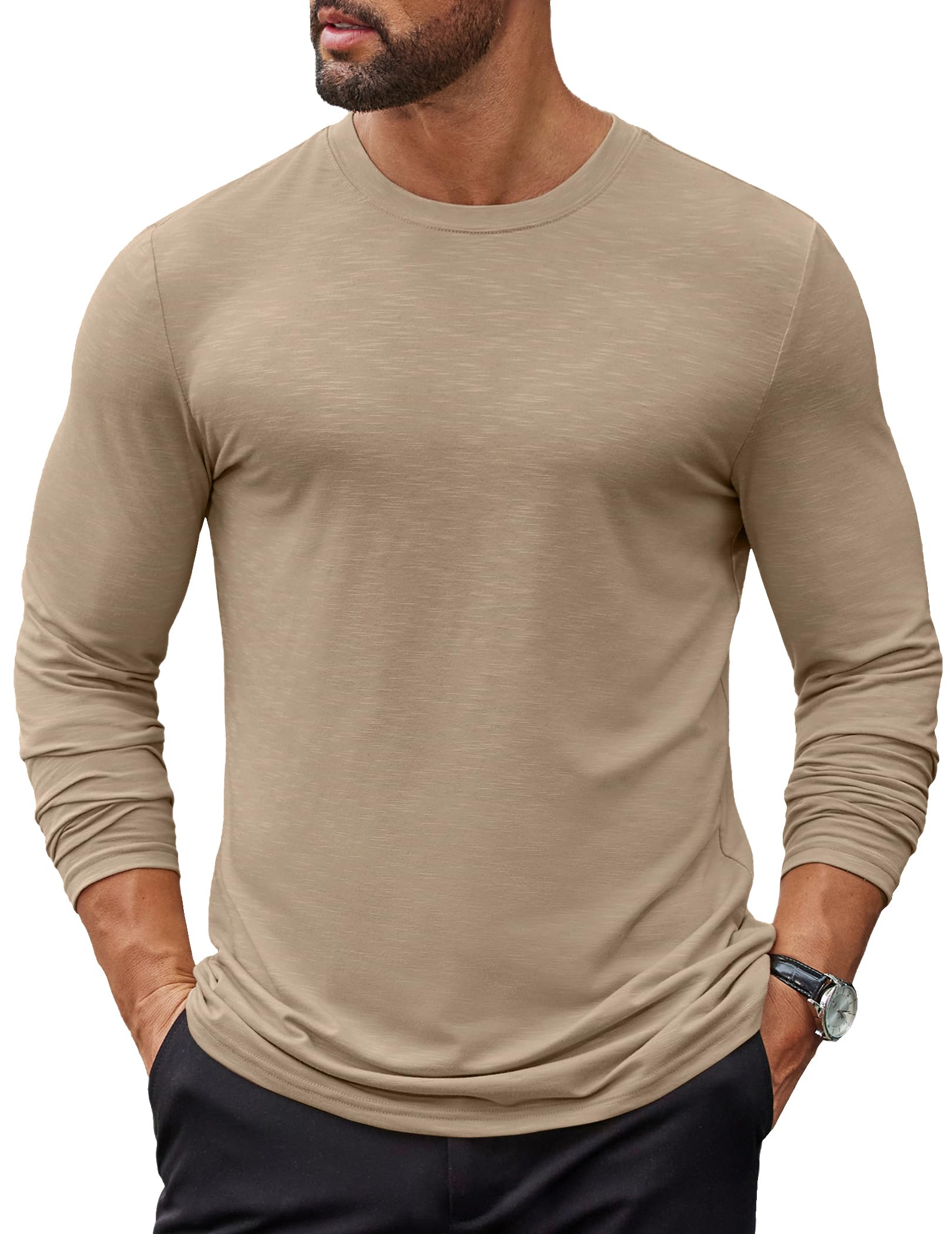 COOFANDY T Shirt Herren Long Sleeve Tshirt Rundhals Oberteil | Basic T-Shirt Unterziehshirt Regular Fit Langärmliges T-shirt Unterhemd Tee mit Slub-Textur, Casual, Atmungsaktiv