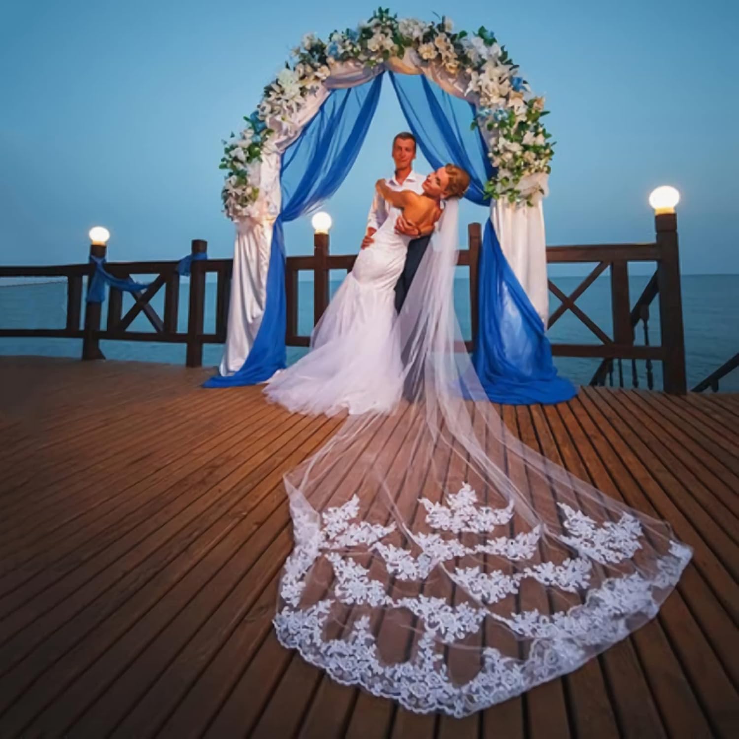 Ivory Lace Edge Bridal Veil with Comb, 118 Inches Length Tulle, Embroidery Lace Edge Layer Wedding Veil, Hair Accessories - Image 2