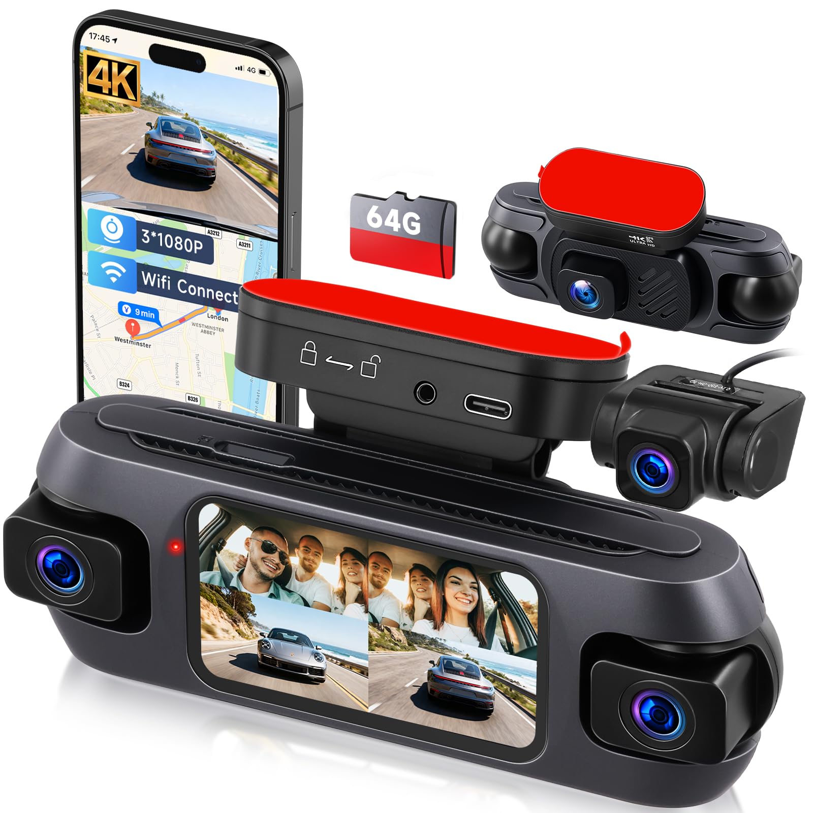 Hodozzy 4K 4 Canaux Dashcam Voiture, WiFi et Contrôle Via App Dash Cam Caméra avec Enregistrement en Boucle, GPS Caméra Embarquée 3 Pouces avec Vision Nocturne, Capteur G, Mode Parking+ 64G Carte TF