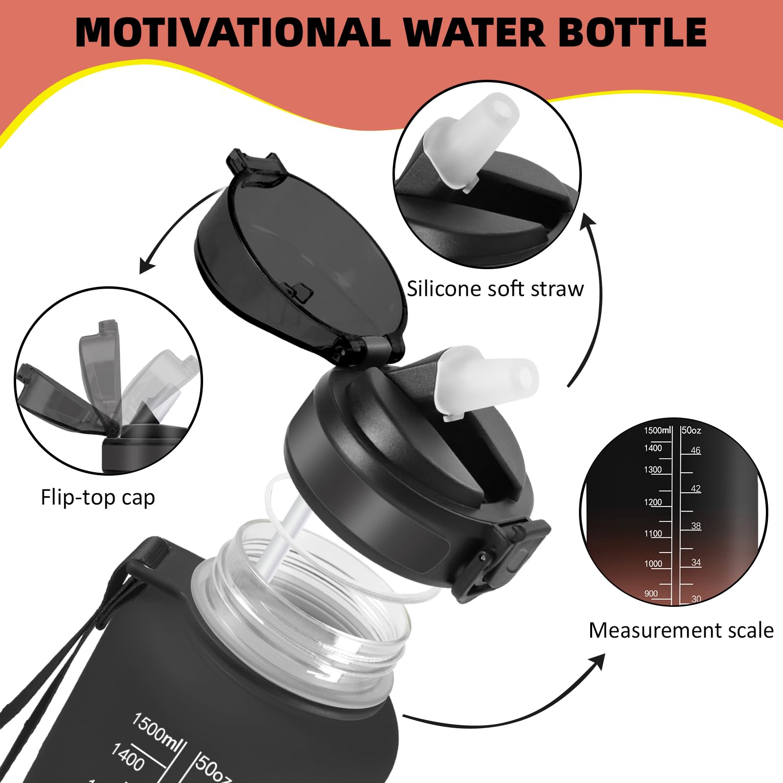 Gourde 1,5l, Anti Fuite Gourde Sport, Gourdes Graduée pour 1 Journee avec Marqueur de Temps, Verrou de Sécurité, Bouteille Motivation avec Paille pour Plein Air, Velo, Cyclisme, Extérieur, - 3