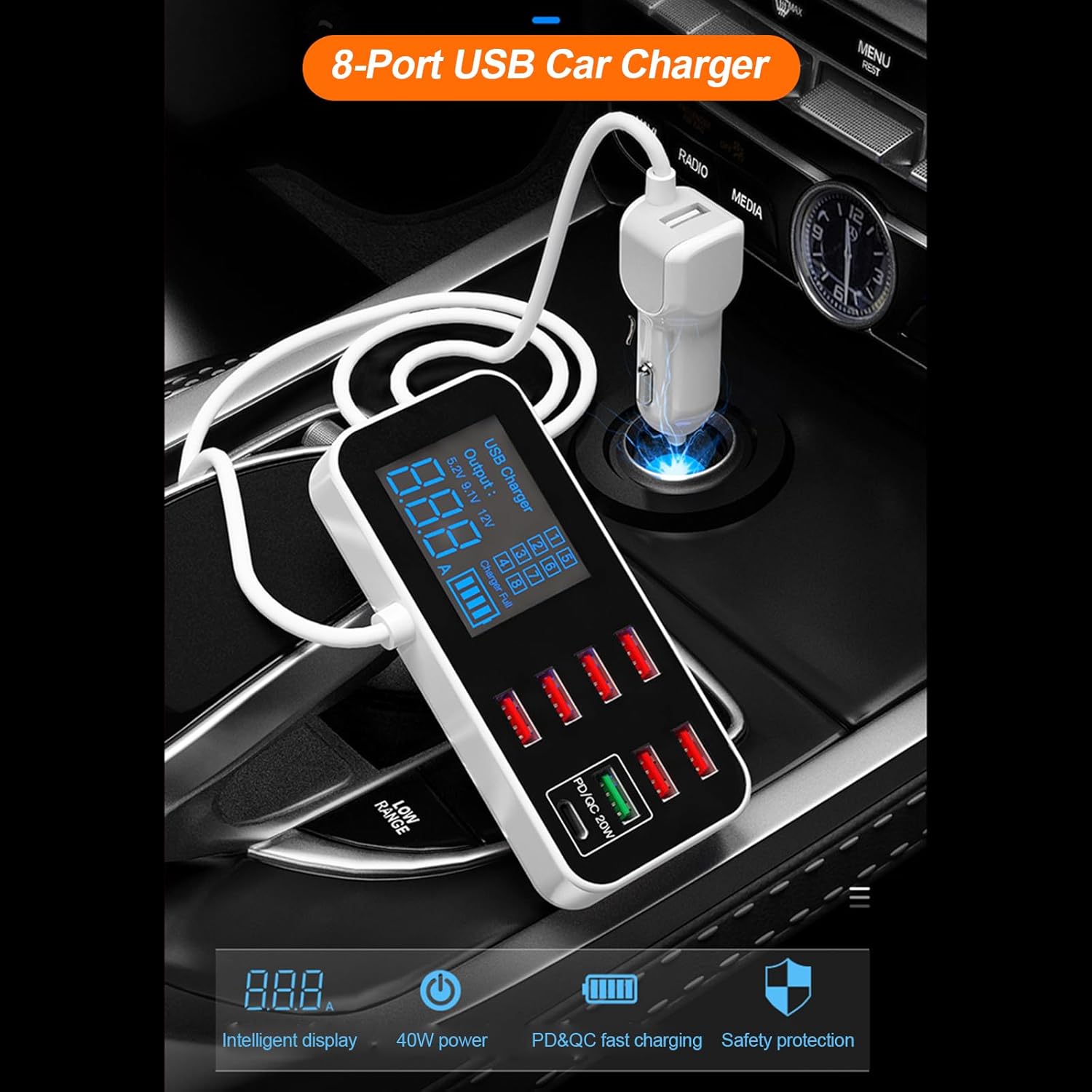 A9S+ 8-Port USB Car Fast Car LCD Display Ultra-Thin USB Hub for Phone Tablets DVR