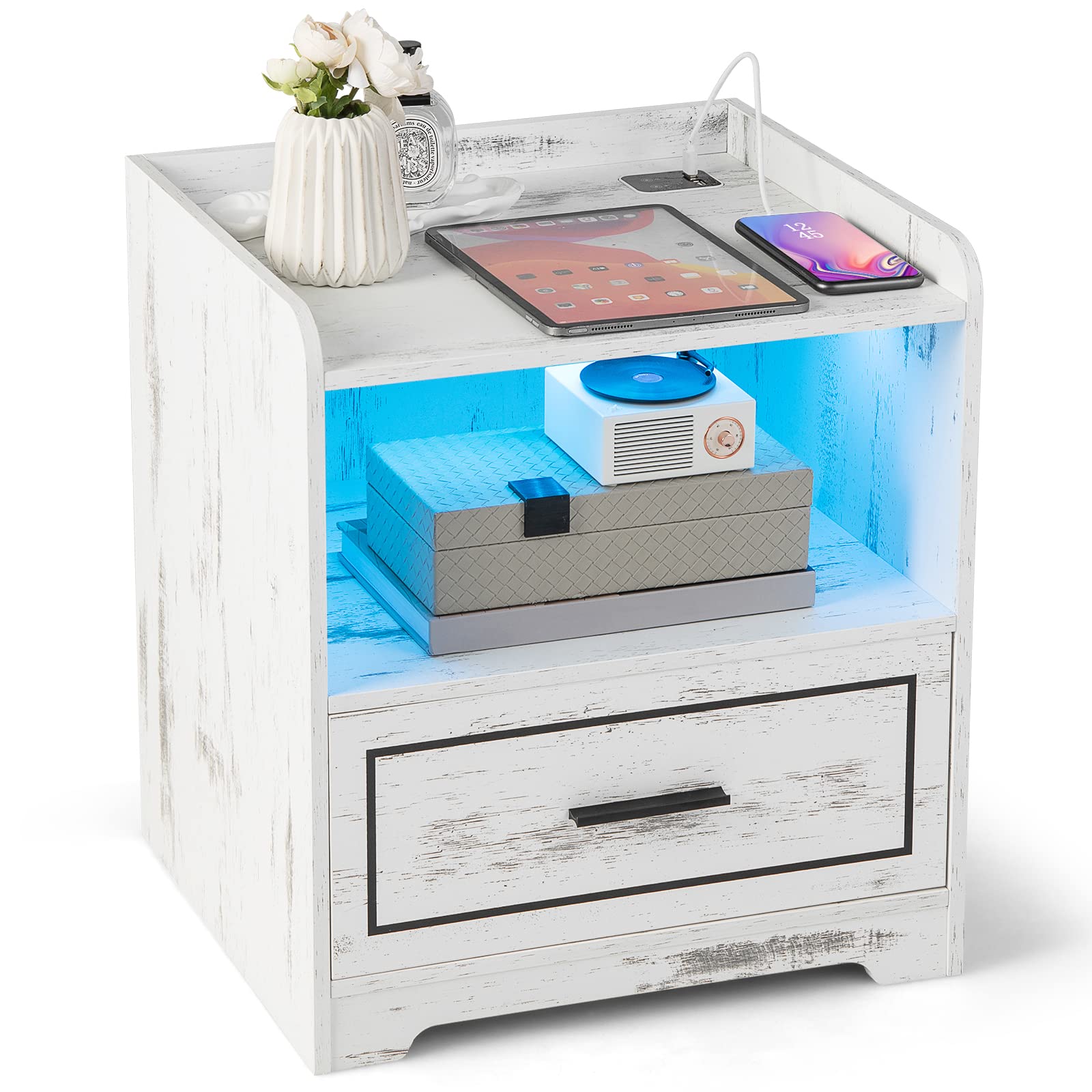 KOMFOTTEU Regulowany stolik nocny LED, ładowanie USB/Type-C, drewniana szuflada, Smart Tabel 45 x 40 x 50 cm (1, biały)