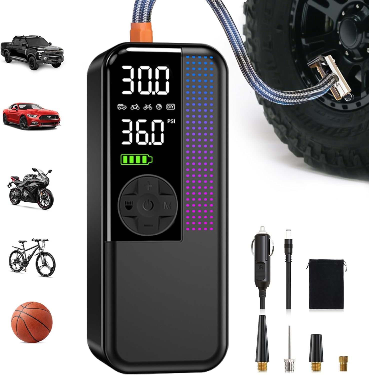 Tire Inflator Portable Air Compressor,150 PSI Cordless Air Pump, 12V DC Car Plug,Dual Power 10000mAh, Fast Inflation 24L/Min, 4 Preset Modes for Car, Bike, Motorcycle, Balls (Black, 10000mAh)