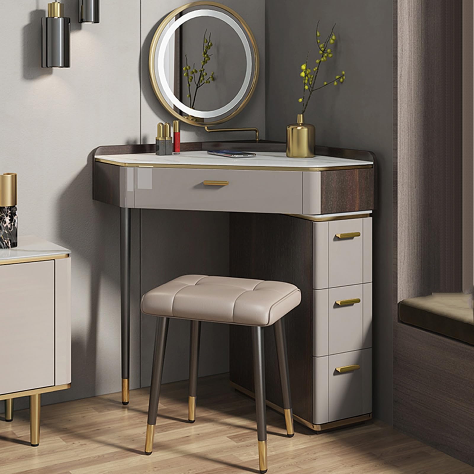FGXHHS Vanity Desk with LED Mirror and Stool, Corner Makeup Drawers Cabinet