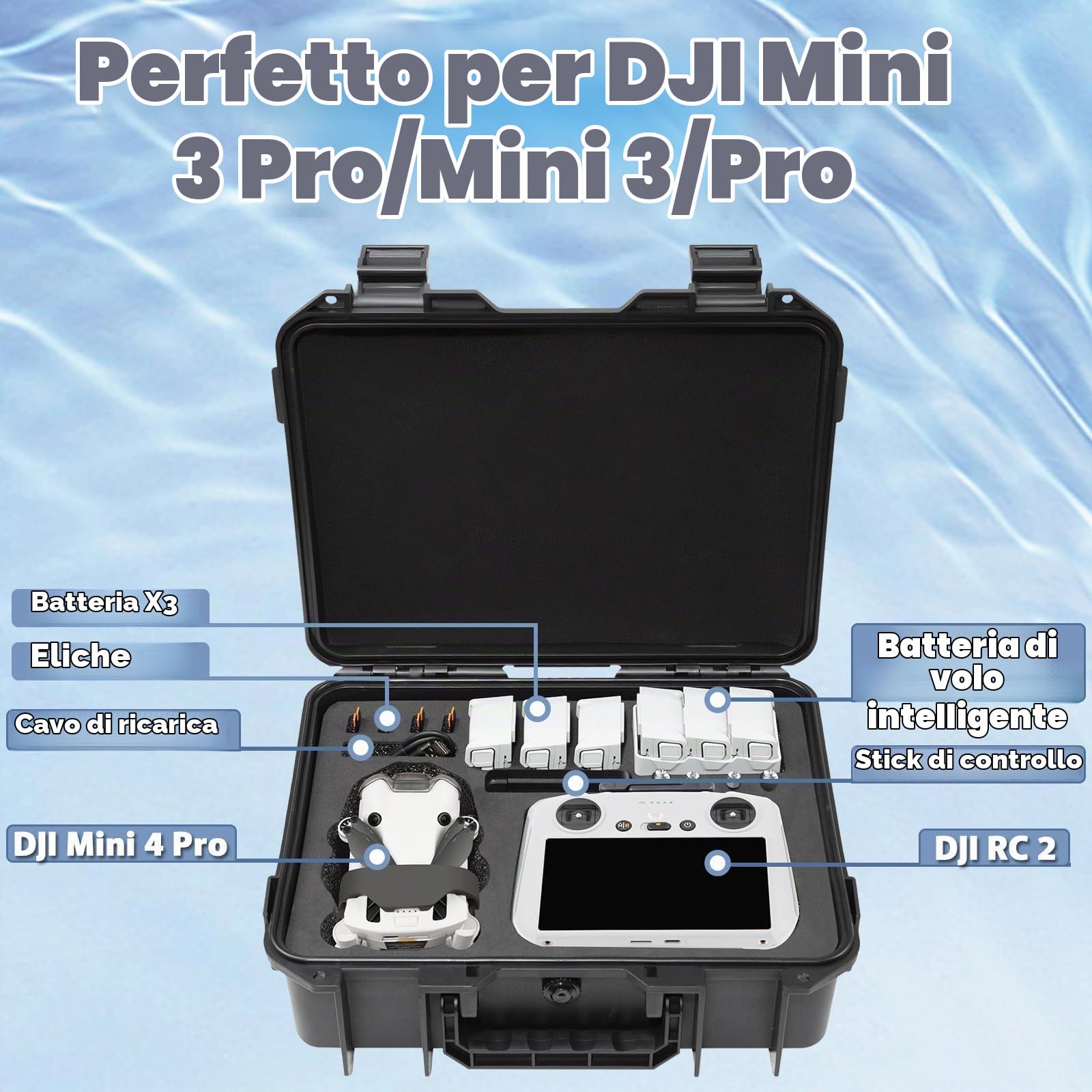 Poweka Custodia Rigida Impermeabile Compatibile DJI Mini 4 Pro/Mini 3 Pro | Valigia Protettiva Compatibile con DJI RC, RC 2, RC-N2 e RC-N1, Spazio per Drone, Accessori e Fino a 6 Batterie, con Tracolla