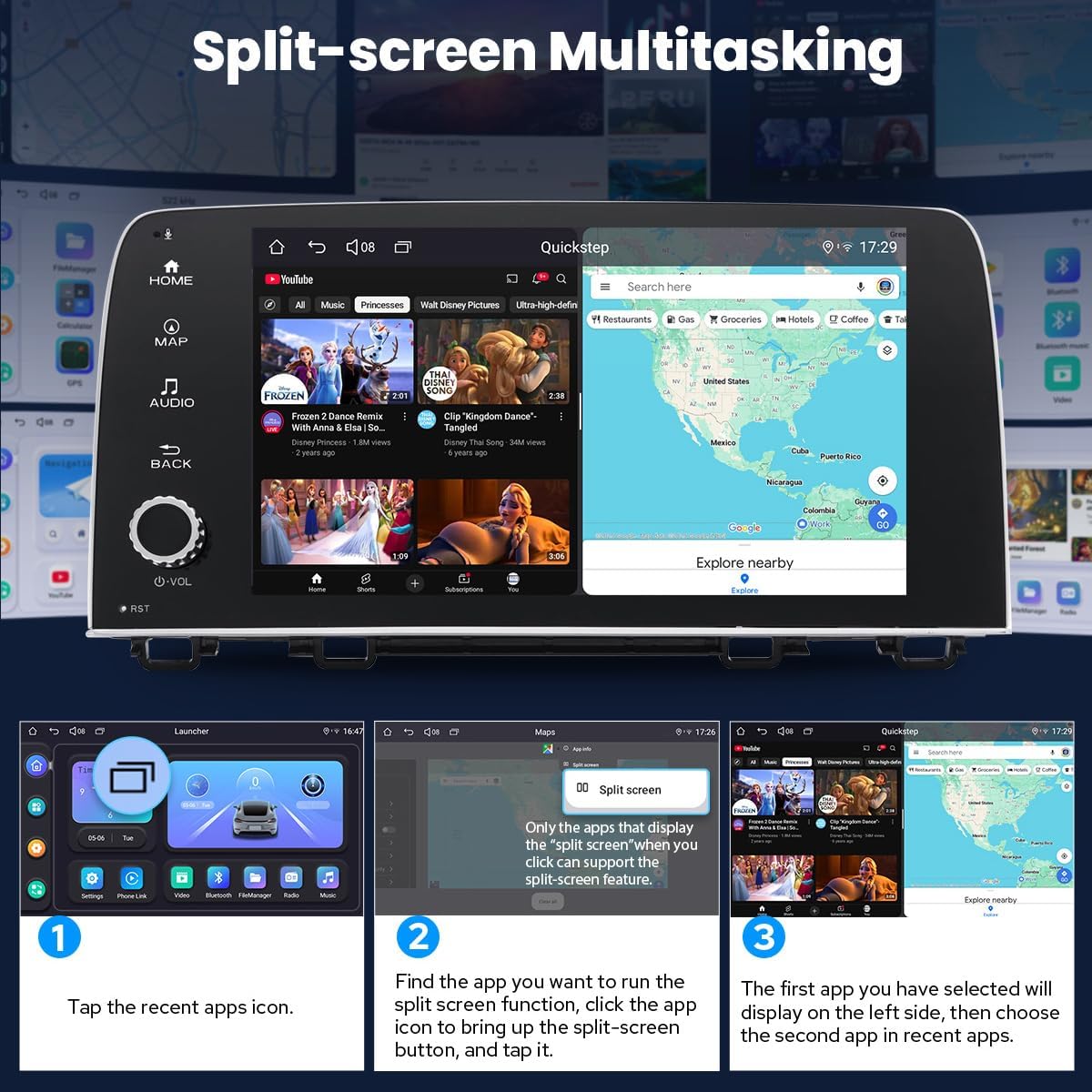A series of three images demonstrating the split-screen multitasking feature. The first shows tapping the recent apps icon, the second shows selecting the split-screen function, and the third shows two apps (YouTube and a map) running side-by-side.