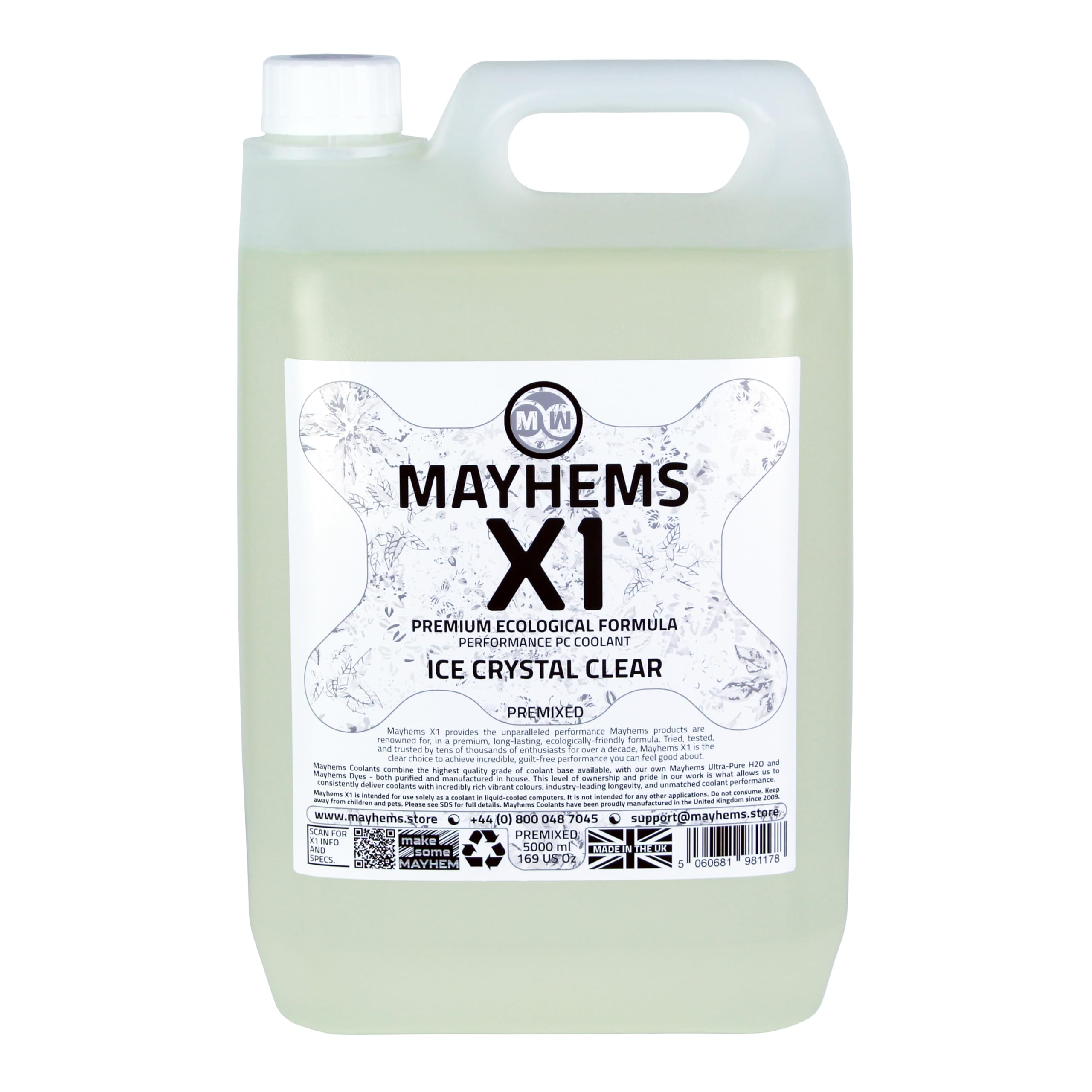 Mayhems - X1 Premixed PC Coolant - Computer Water Cooling Fluid - Liquid Cooling, Eco Friendly Series, 5 Litre, Ice Crystal Clear