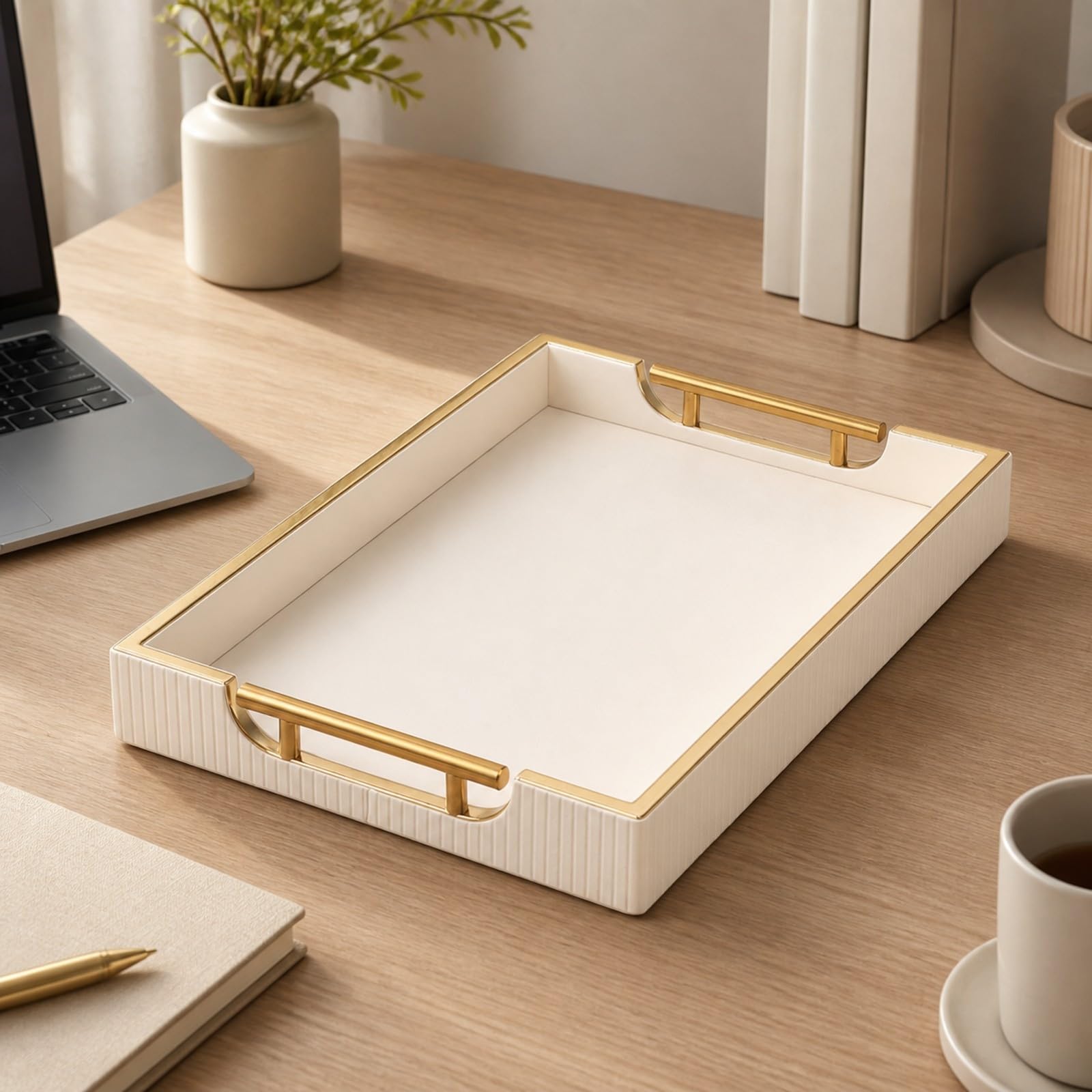 Banja PU con Base Plana Portátil Banja con Metálicas Brillan Organizador perficie Bor Dorado para Dormitorio, Raya Blanca S