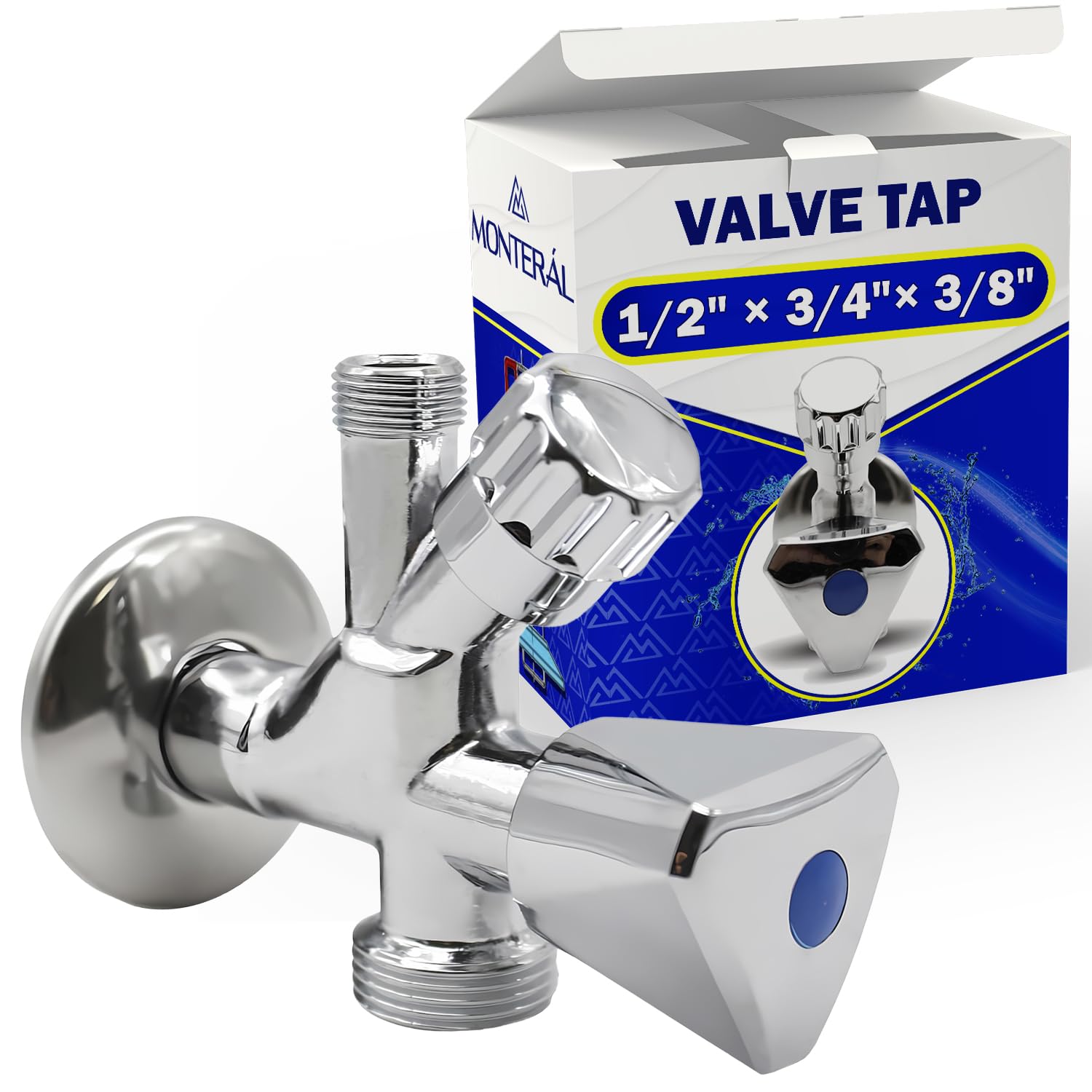 Valve Tap 1/2" x 3/4" x 3/8" in Chromium-Plated Brass for Water Supply to Washing Machine Dishwasher Washbasin - Warranty 10 Years - MONTERAL