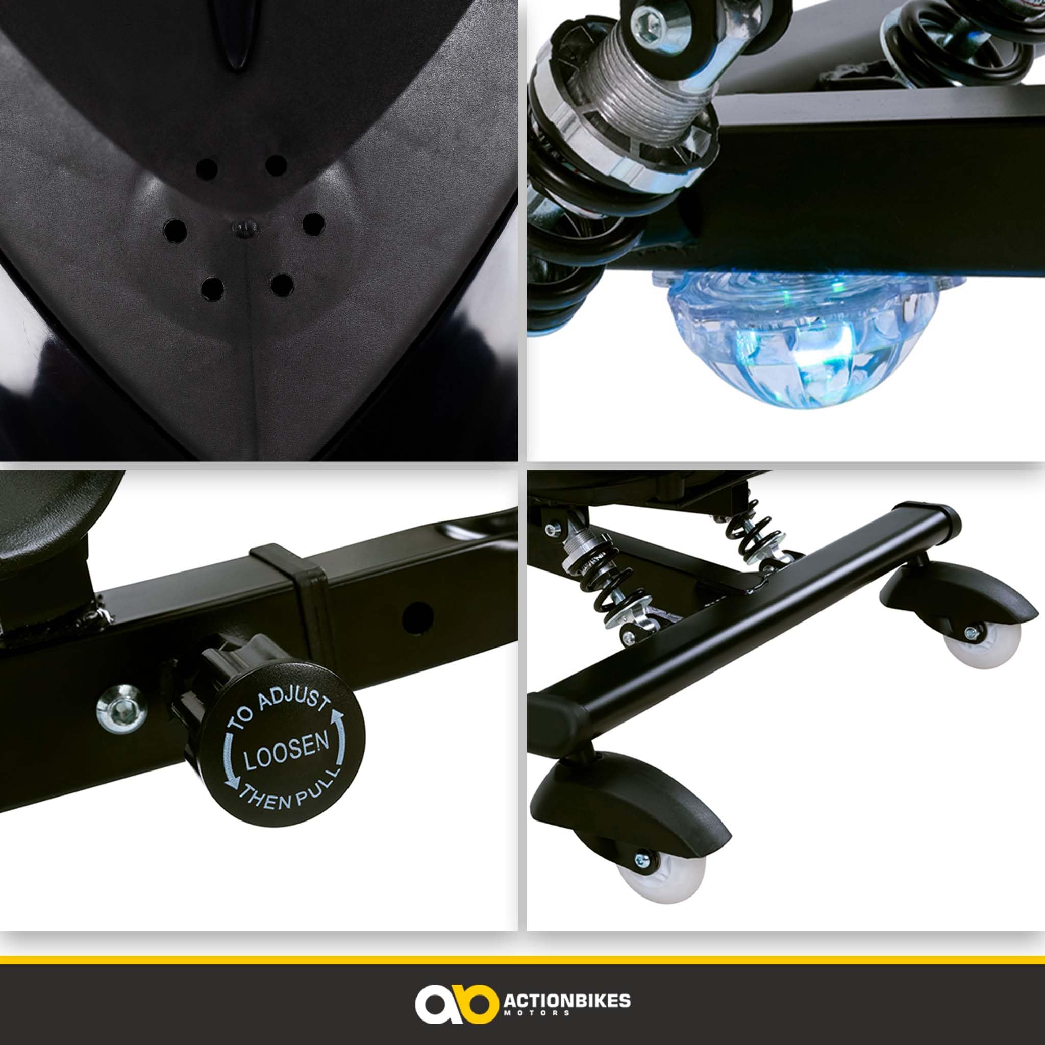 Actionbikes Motors Kinder Elektro Driftscooter | 𝟐𝟓𝟎 Watt Motor - Drift Cart 360°- 3 Geschwindigkeitsstufen - LED-Beleuchtung - Sitz verstellbar - Bluetooth - Drift Kart - Drift Auto (Black)