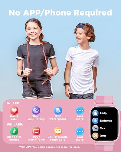Miniatura 2 de BIGGERFIVE Reloj inteligente para niños, 1.8 pulgadas, podómetro, frecuencia cardíaca, impermeable IP68, monitor de sueño, contador de pasos de