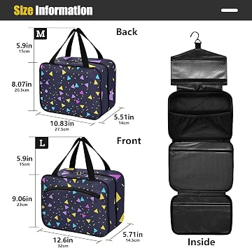 Neon Colored Triangles Hanging Shaving kit Travel Bag with Hook, Designer Accessories Waterproof Toiletry Bag for Travel Essentials Backpacking estuche de maquillaje para Mujer L