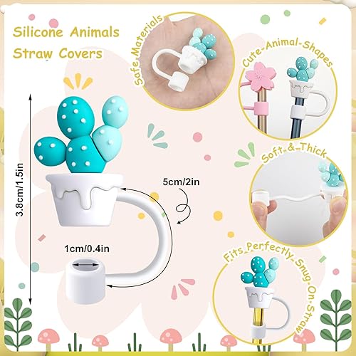 Miniatura 2 de 10 fundas grandes para pajilla, de 0.31 a 0.39 pulgadas (0.315-0.394 in), reutilizables, de silicona, con forma de sandía, oso, pato, flores, tapas