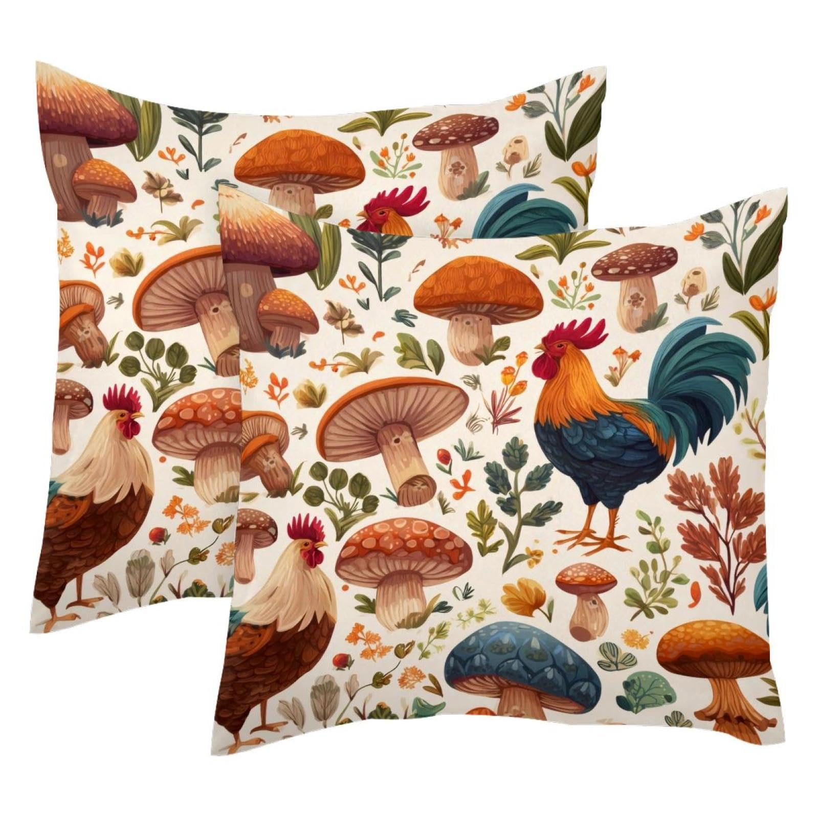Housse de coussin en velours 50x50 cm lot de 2 avec motif coq champignon pour déco salon