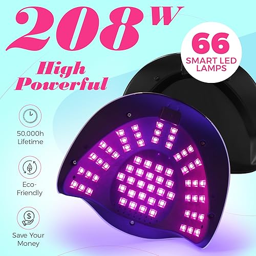Miniatura 2 de Lámpara de uñas LED de 208 W con 66 cuentas LED, secado rápido para uñas de gel, luz UV profesional con 4 temporizadores, ideal para arte de uñas en