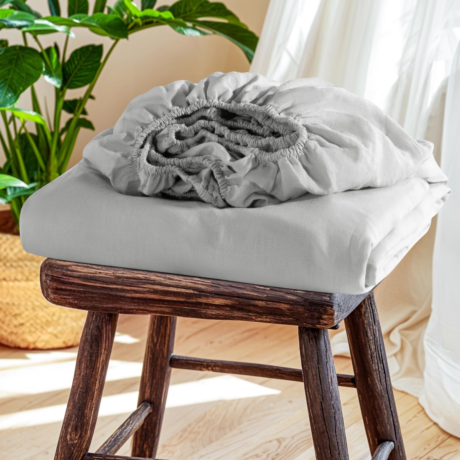 sonoro kate 100% french linen fitted sheet (1 piece) - stone washed natural linen mattress cover, 16 inch deep pocket, ultra soft, breathable, durable for hot sleepers (grey,king)