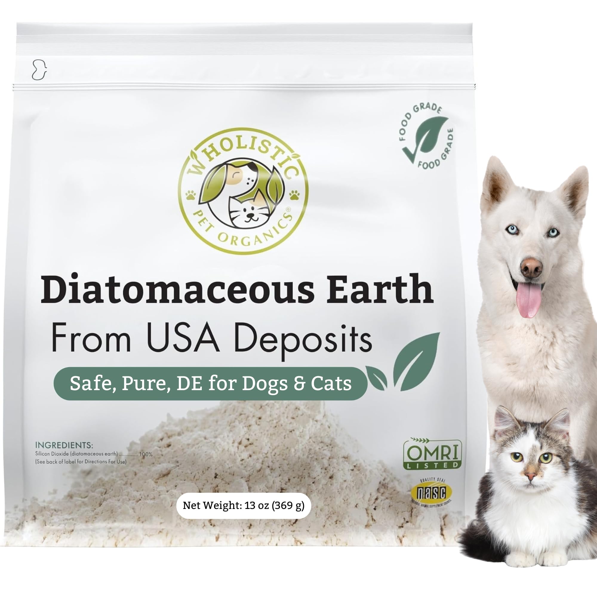 Wholistic Pet Organics Diatomaceous Earth - Food Grade for Dogs & Cats - 13 Oz - Multi Use Powder - Pet Safe Non-Chemical Freshwater Sourced Silica Supports Overall Health - Made in USA - 105 Scoops