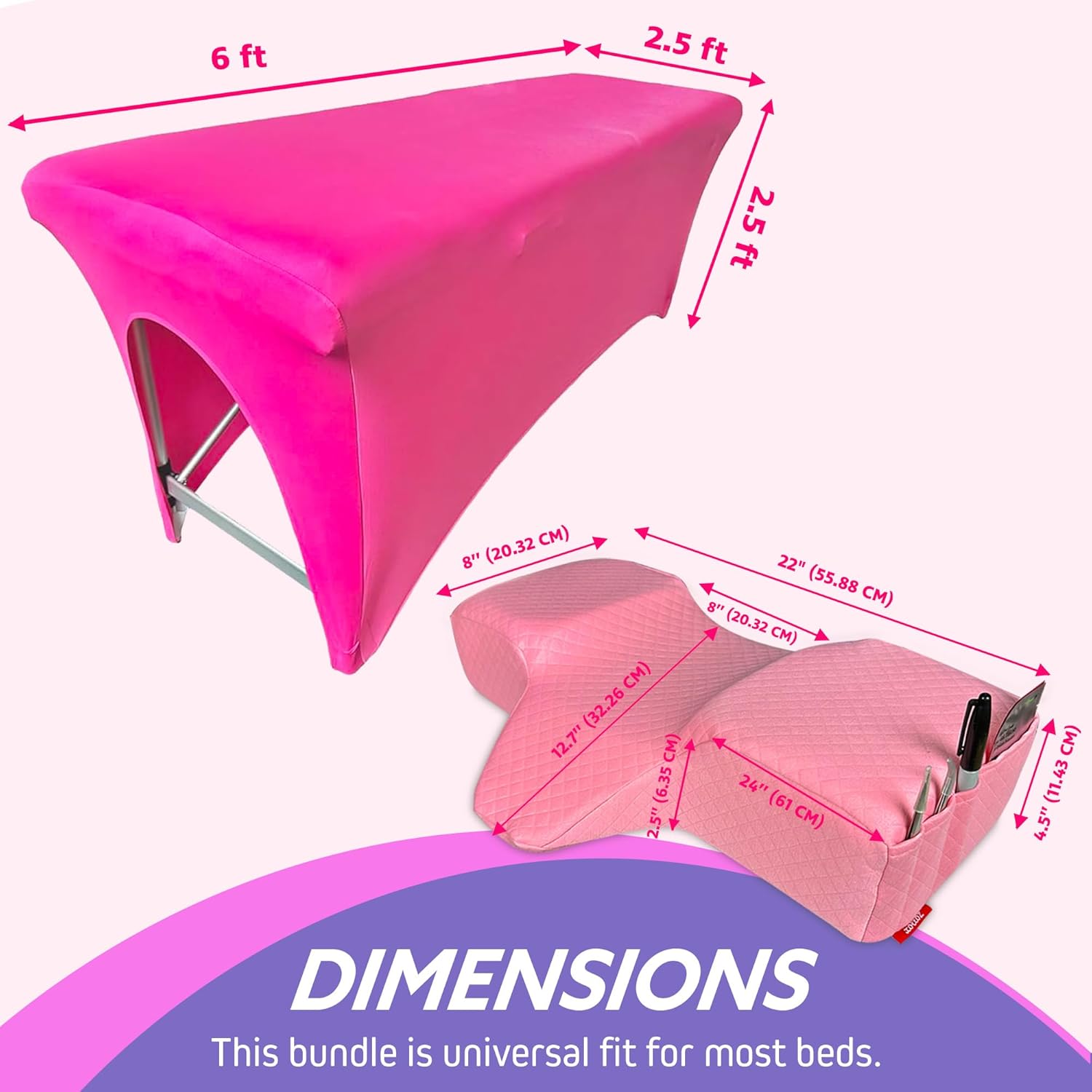 | Lash Bed Cover + Pillow (Pink) | Spa Bed Cover for Lash Extension Bed | Curved Lash Bed Pillow with Neck and Back Support