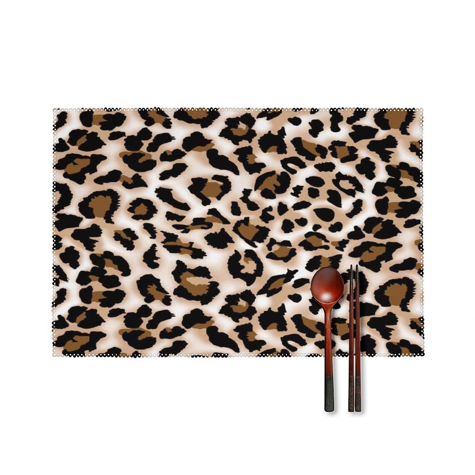 Leopard Print Placemats Set of 4 Heat Resistant Non-Slip Place Mats Wipeable Easy to Clean Table Mats for Kitchen Dining Party Outdoor Placemats