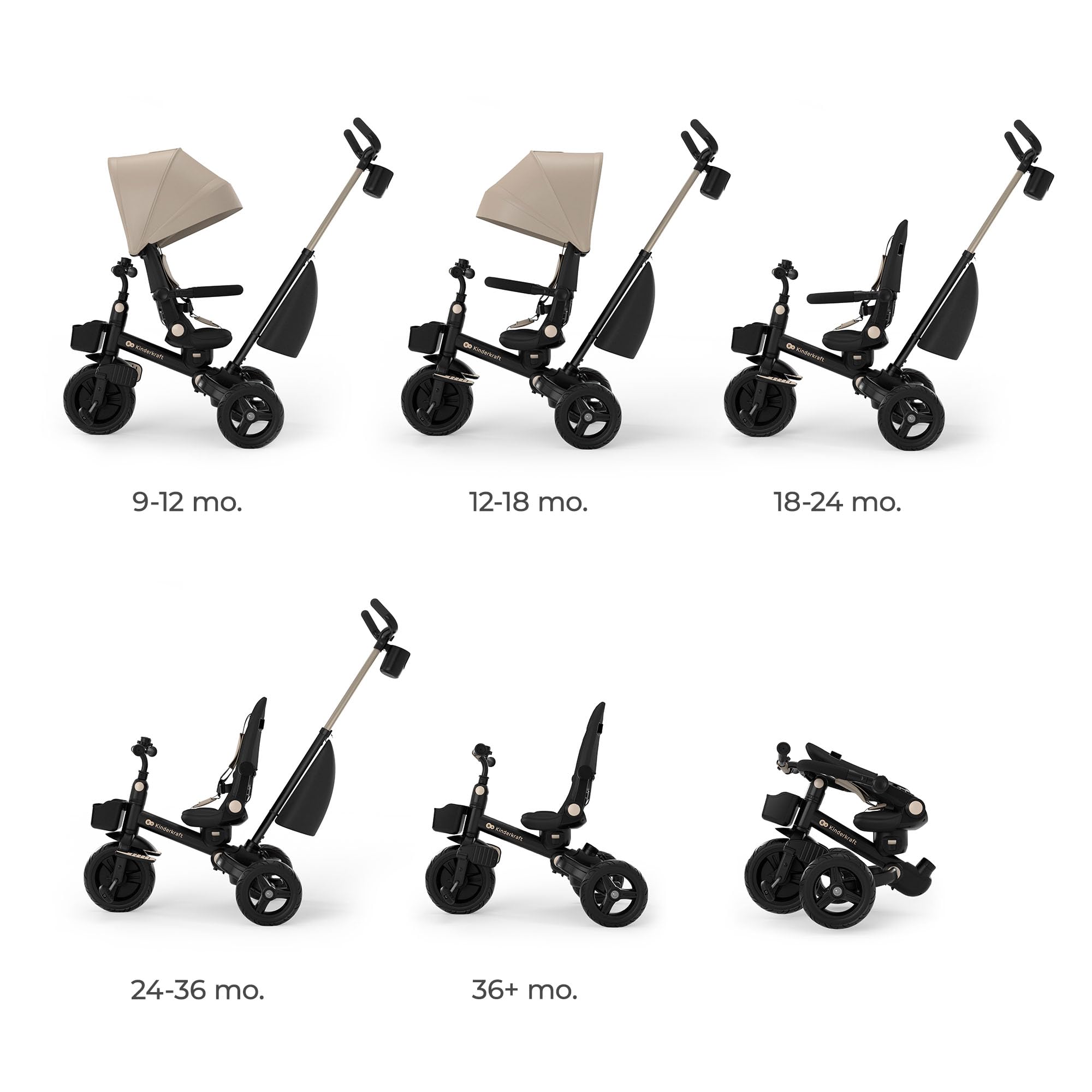 Kinderkraft Aveo 2 PRO Dreirad 6 in 1, Click&Twist Sitz drehbar, Liegefunktion beidseitig, Klappbar, Kompakt, UPF50+ Verdeck, Freilauf, Ab 9 Monaten bis 5 Jahre, Beige