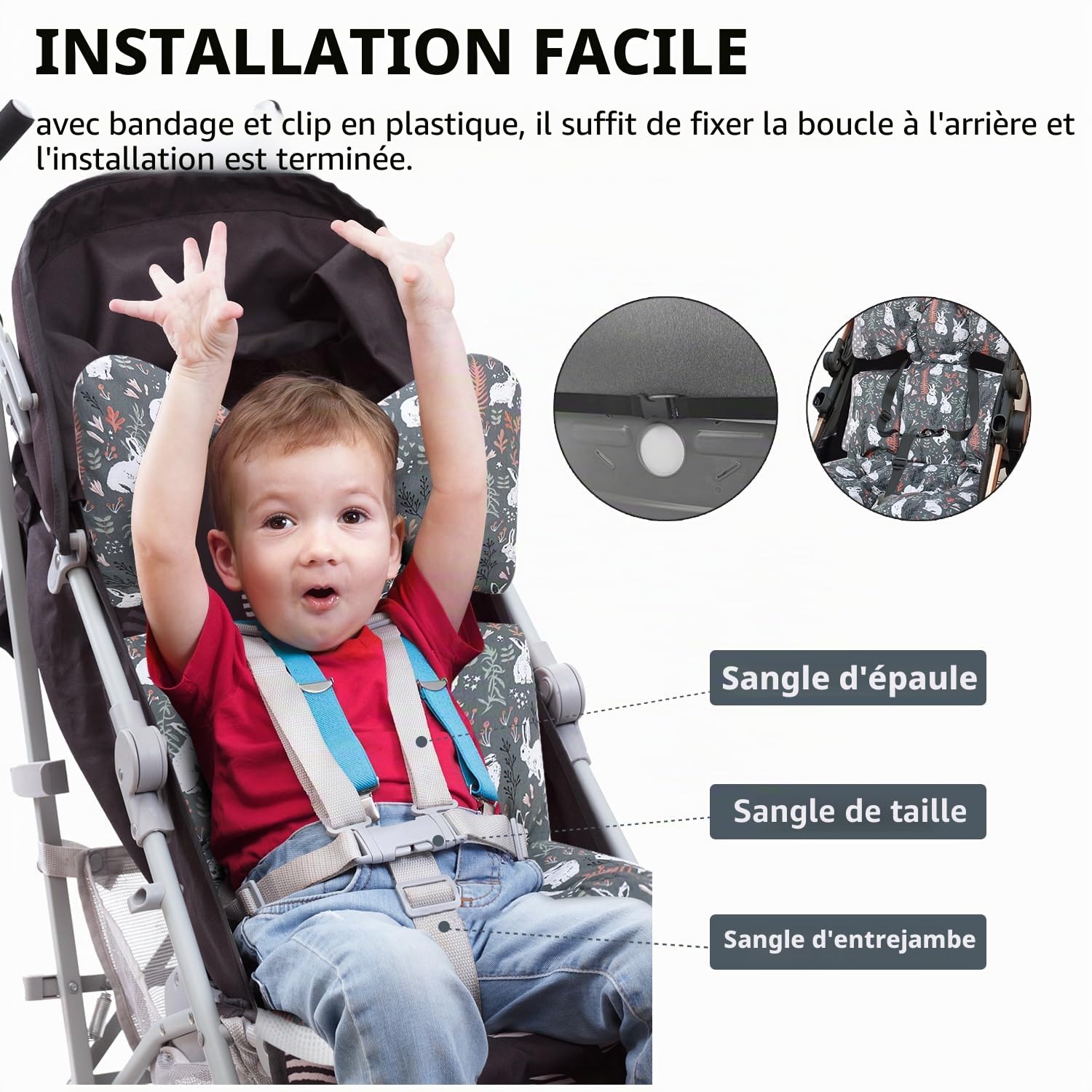Coussin de Siège Réversible pour Poussette Matelas Universel Soutien Bébé Coussin Réducteur de Landau en Coton pour Enfant Fille Garçon (Lapin Gris)