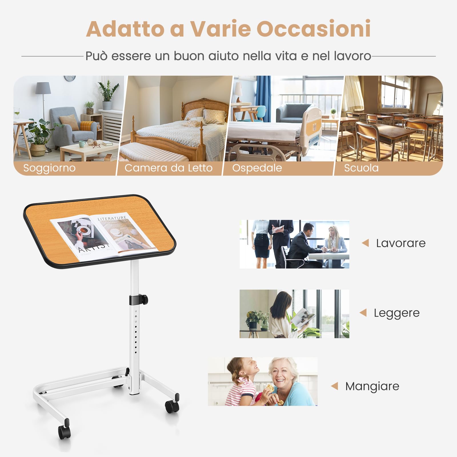 COSTWAY Tavolino da Letto e Divano con Ruote Bloccabili, Tavolino Porta PC con Altezza Regolabile in 9 Posizioni e Piano Inclinabile, Tavolino Servitore Letto per Mangiare e Lavorare (Legno)