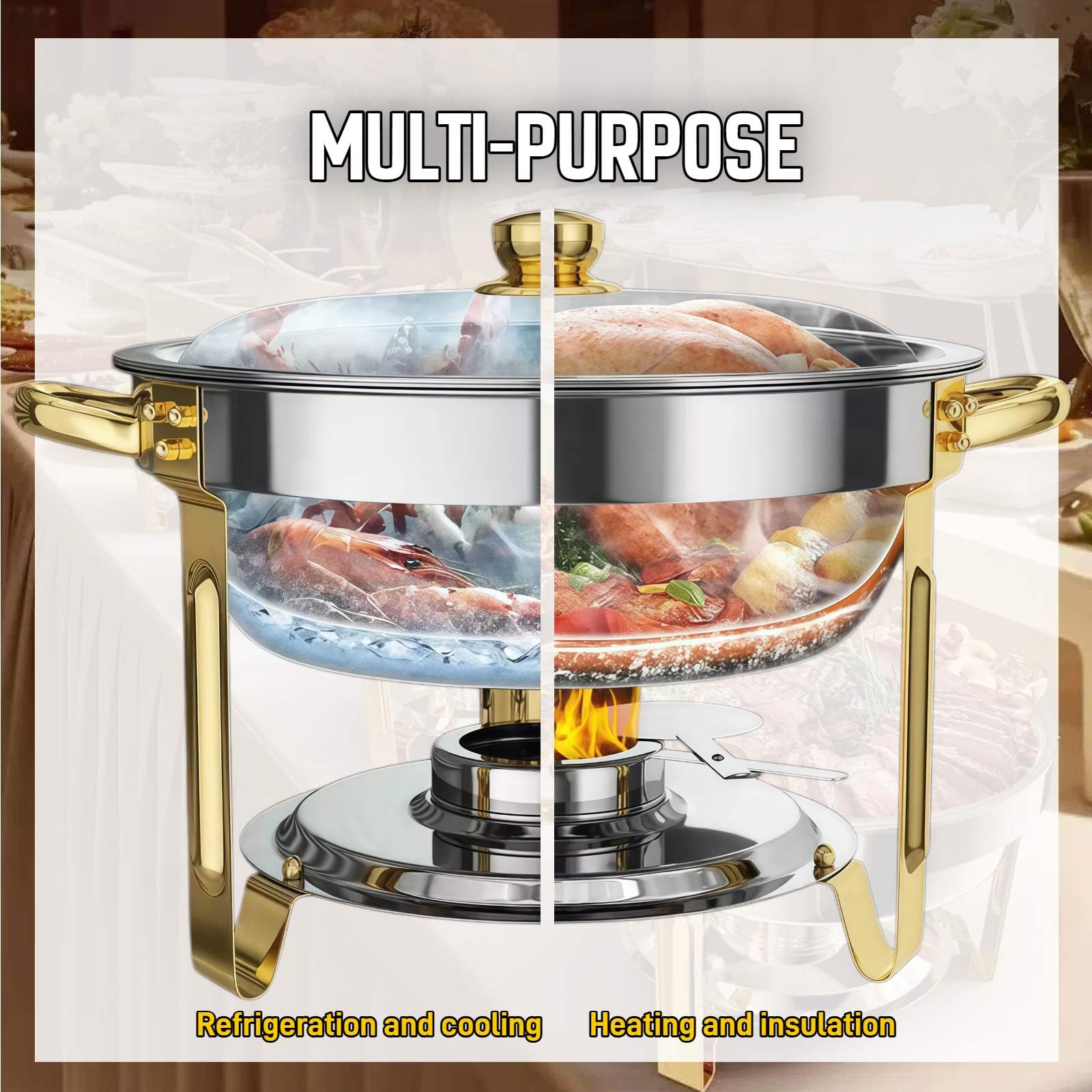 Set Chafing Dish Rotondi 4,5L, Scaldavivande Bagnomaria Acciaio Inox, Contenitore Scaldavivande per Buffet, Chafing Dish per Zuppe, per Ristoranti Catering Feste Matrimoni