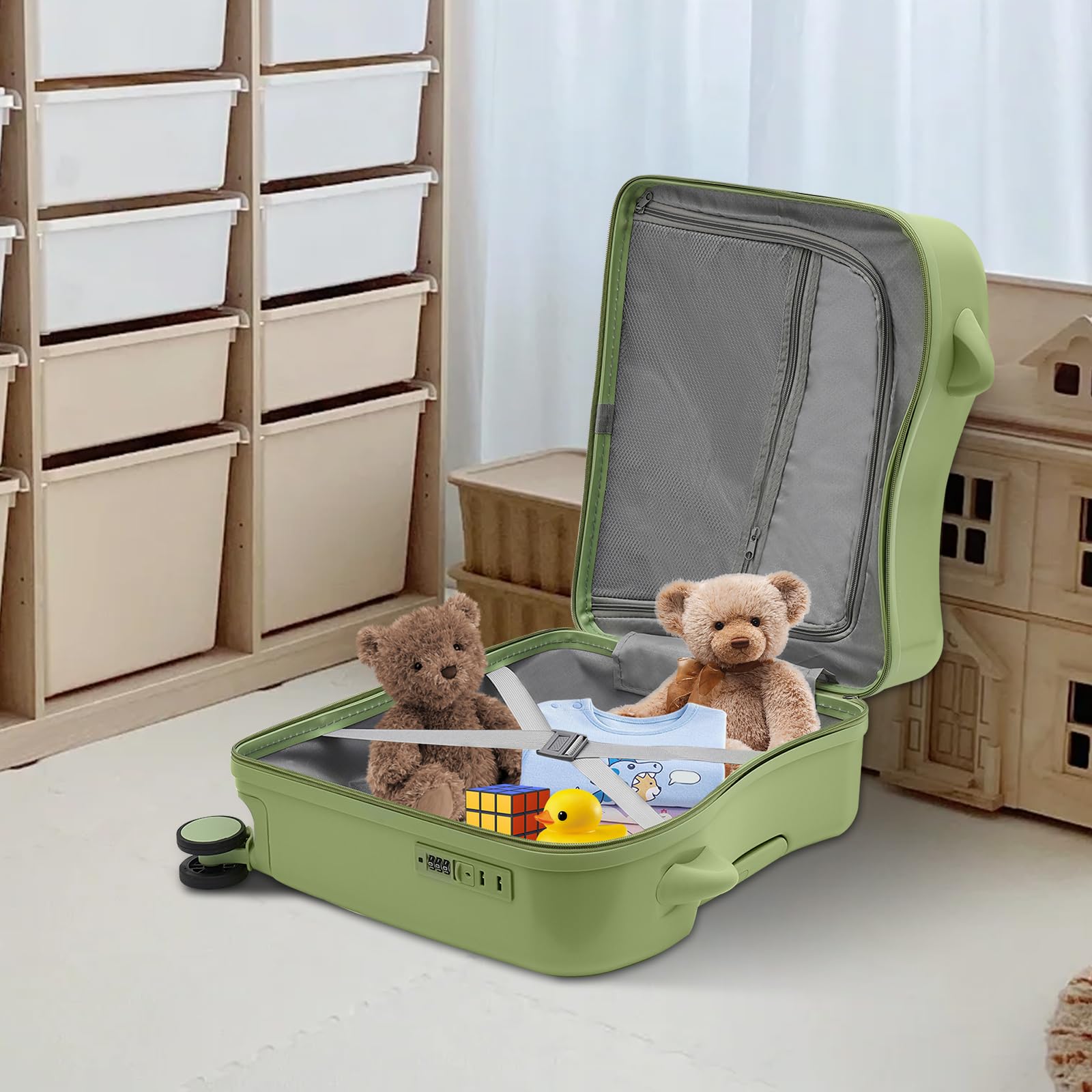 37L Kinderkoffer zum Draufsitzen, Kindertrolley Kindergepäck mit Zugstange und Passwortschloss, Leichtgewicht Kinder Rutschkoffer mit 4 Rollen, für 3-6 Jahre Mädchen & Jungen (Olivgrün)