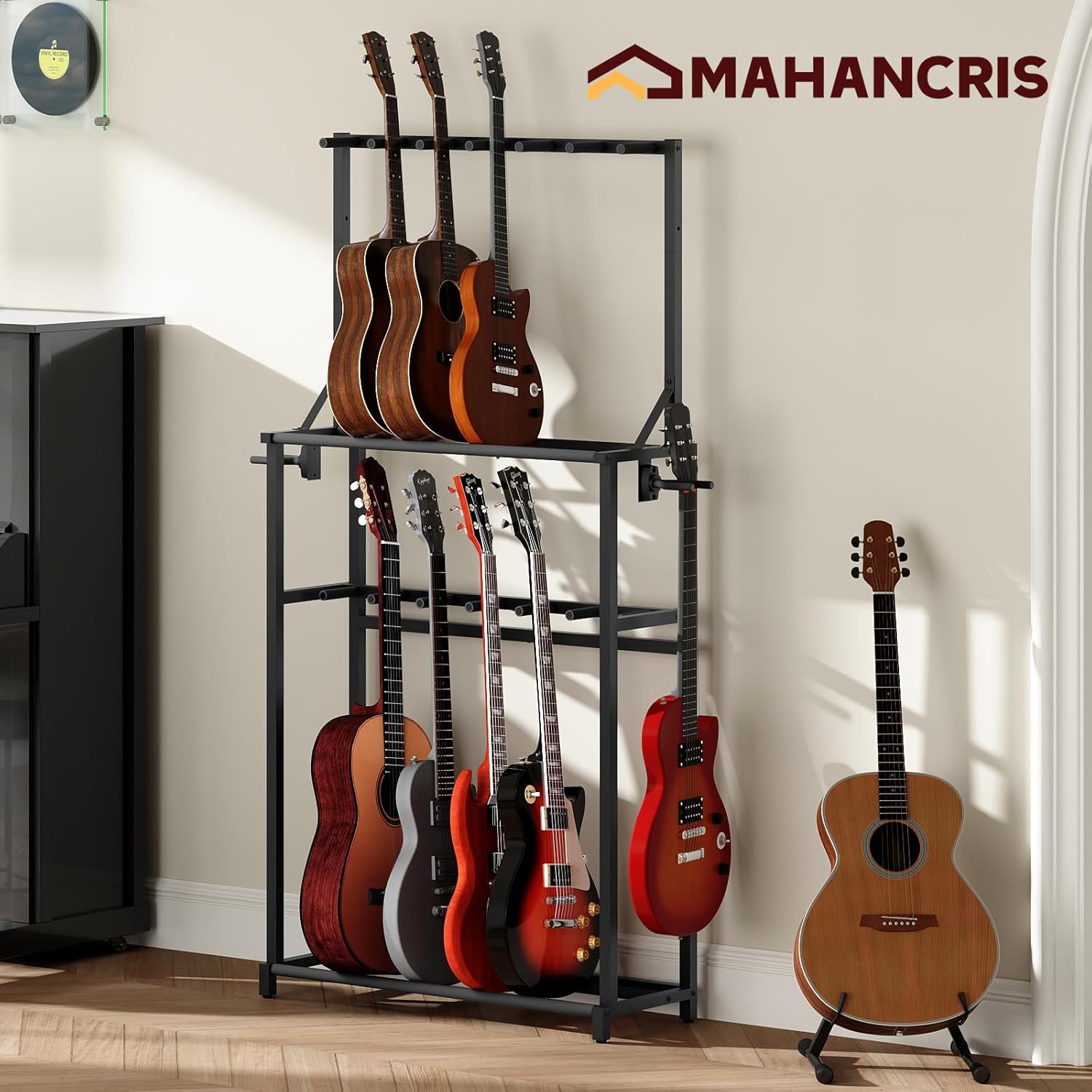MAHANCRIS Guitar Stand, Multiple Guitar Rack Holder for Various Instruments, Multi-Instrument Holder with Side Hooks, Guitars Storage Rack for Home, Stage, Studio Music Room, Black GSBK13501