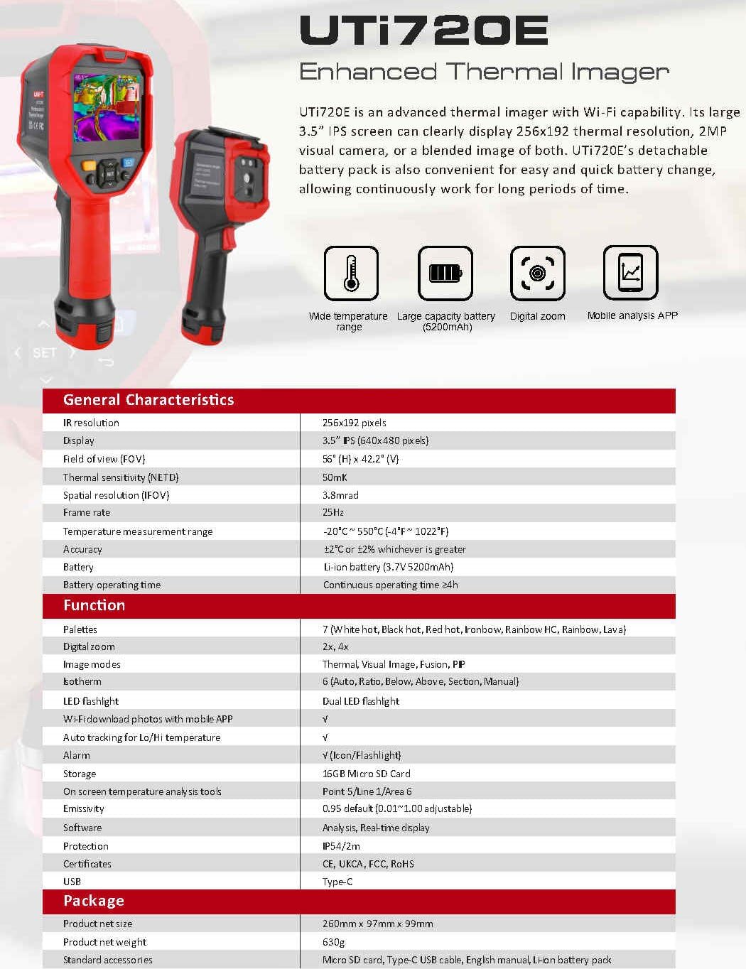 UNI-T Uni-Trend IR Camera UTi720E Infrared Thermal Imager High Resolution Handheld Thermal Imager PCB Circuit Floor Heating Detection,IR Resolution: 256x192 Frequency Frame: 25Hz(UTi720E)