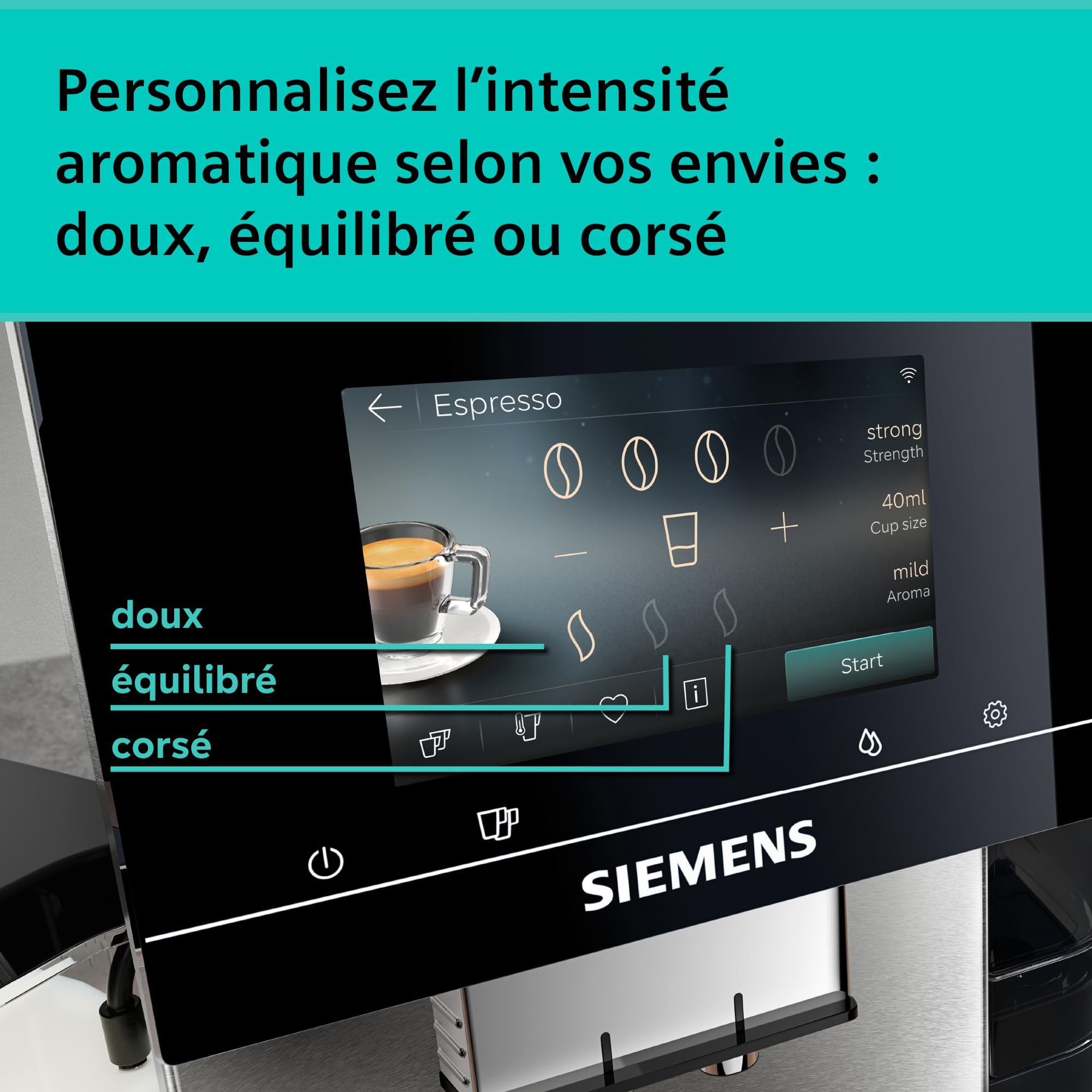 SIEMENS Machine à café entièrement automatique, EQ700 iAroma, écran tactile, récipient à lait intégré, chauffe-tasses, Cold Brew et Slow Brew, application Home Appliances, inox/noir, TQ727E03