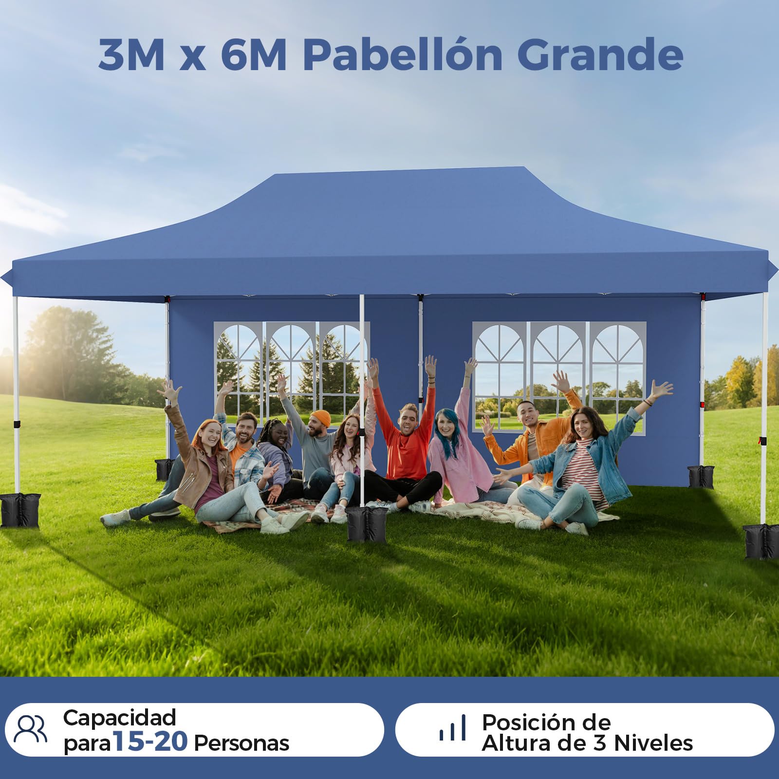 COSTWAY Carpa Plegable 3x6m, 6 Paredes Laterales Desmontables, Pergolas de Jardin Pop UP, Protección UV 50+ Impermeable, 6 Sacos de Arena, Cenadores Pabellón Jardin Exteriores (Azul)