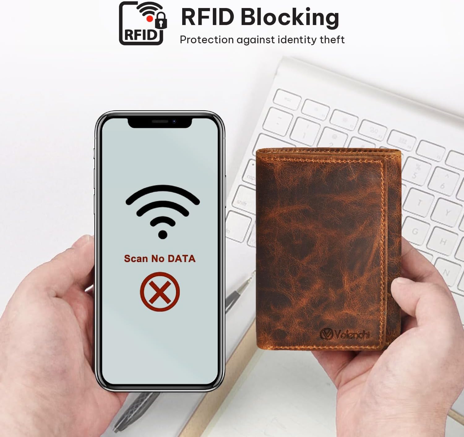 Genuine Leather Mens RFID Blocking Slim Trifold Wallet with 6 Cards+1 ID Window + 2 Note Compartments. - Cognac - S - Image 6