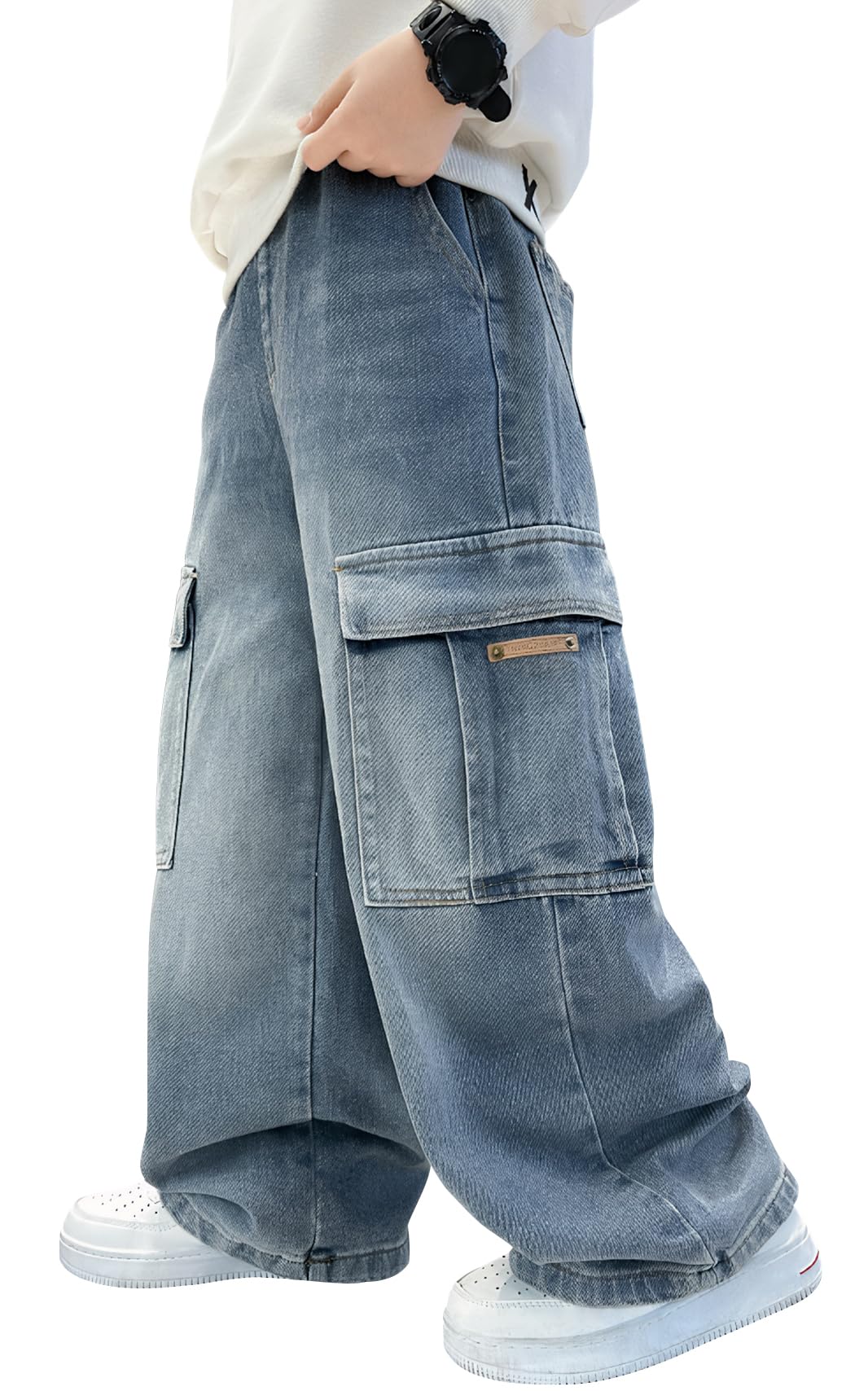 Happy Cherry Jeans Baggy Bambini in Denim Pantaloni Cargo Gamba Larga con Multi Tasche Pantaloni Moda Vintage per Ragazzi 6-13 Anni