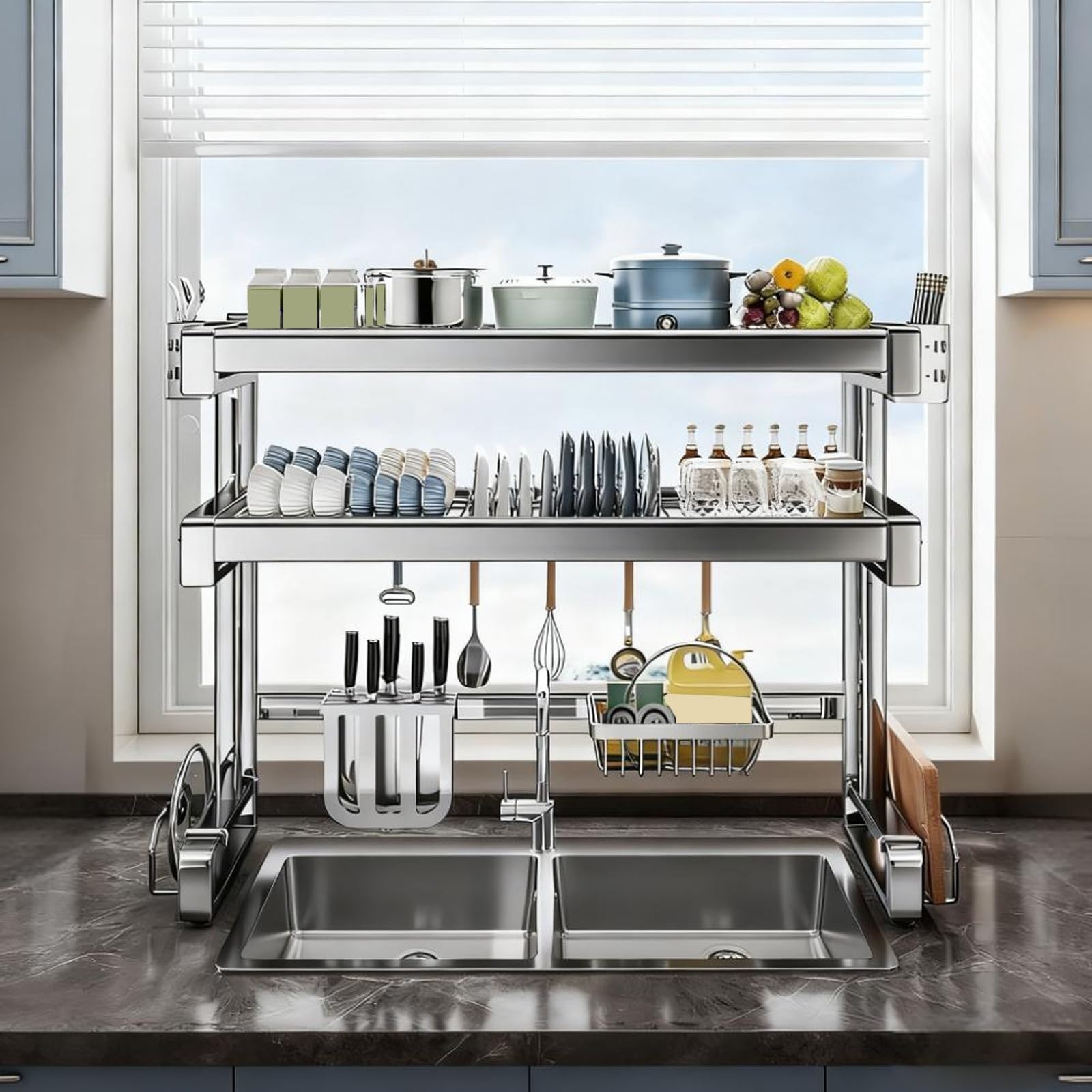 CAFIEDR Large Over Sink Dish Drying Rack - 304 Stainless Steel Kitchen Dish Drainer With Utensil Holder, Space-Saving Storage For Plates, Glasses * Bowls, 97Cm 1-Tier Design.2-tier-87cm/34.3in