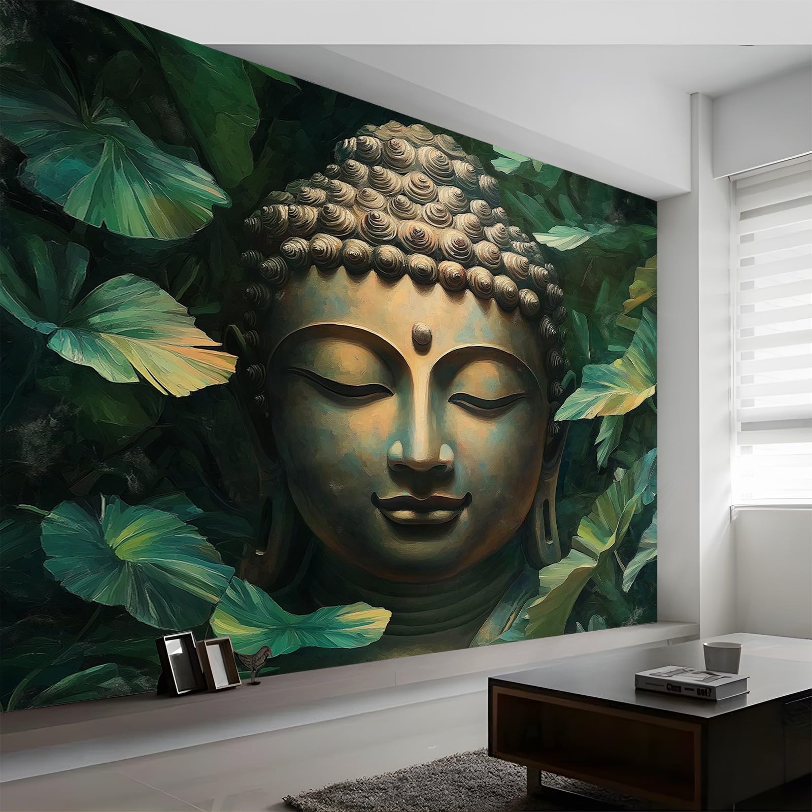 Panoramiczna tapeta tradycyjna Budda liście zielone złoto 200 x 140 cm (szer. x wys.), niestandardowy fresk 3D do salonu pokój dziecięcy restauracja dekoracja ścienna gigantyczny plakat ścienny