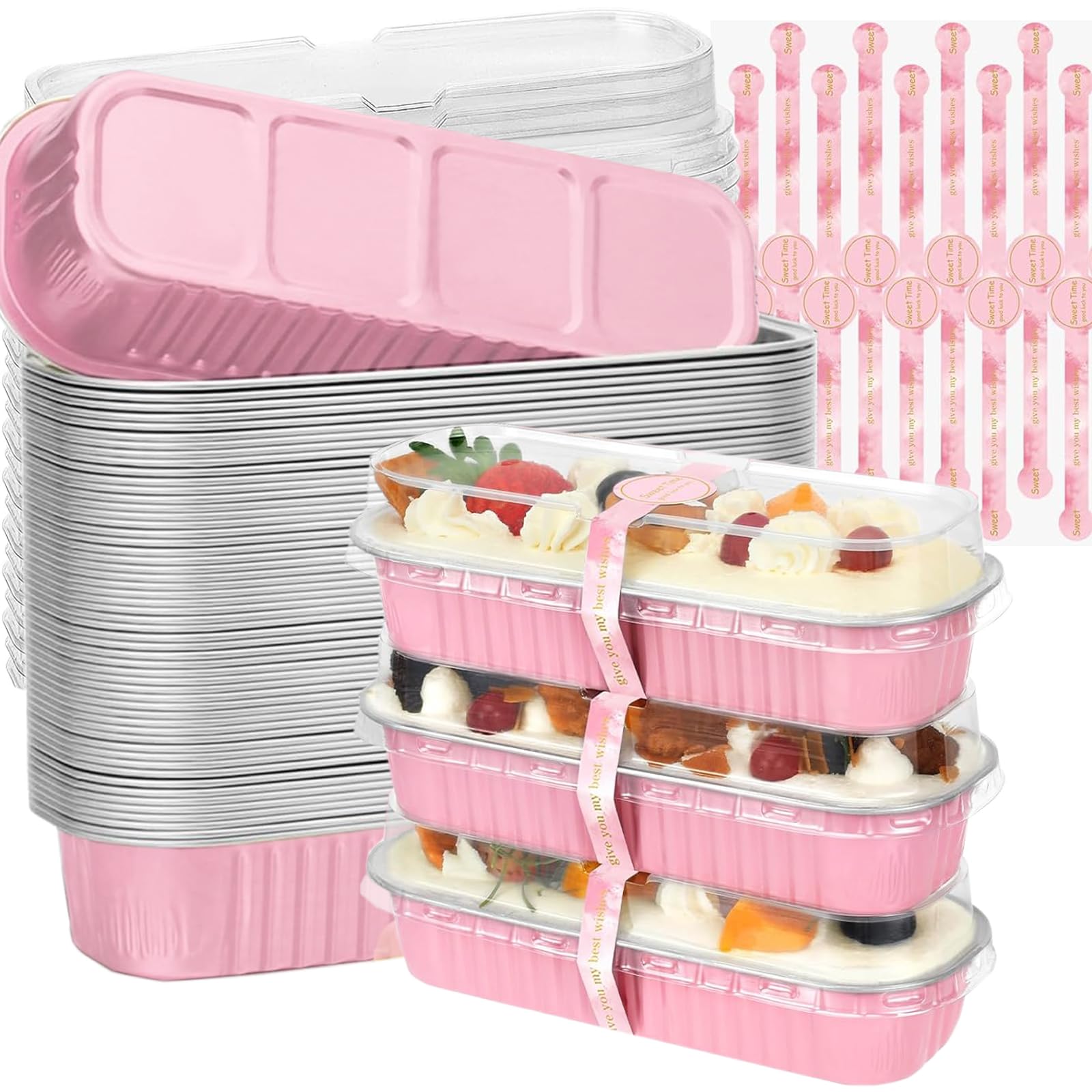 Junfete Mini Loaf Tins with Lids and Spoons 200ml Mini Loaf Cake Cases Cupcake Cases for Baking Aluminum Foil Baking Pans (50, Pink)